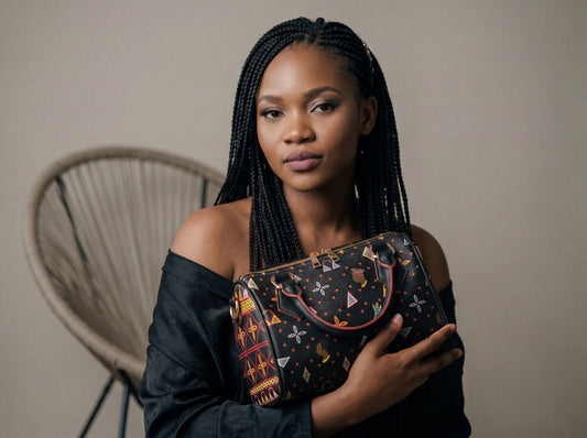 A woman with braided hair is holding a colorful handbag in front of a plain background.