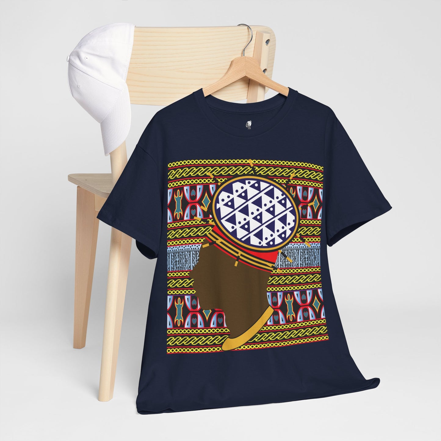 Man in Spiky Bamenda Bamileke Hat Chocolate on Black Mudcloth Unisex Heavy Cotton Tee