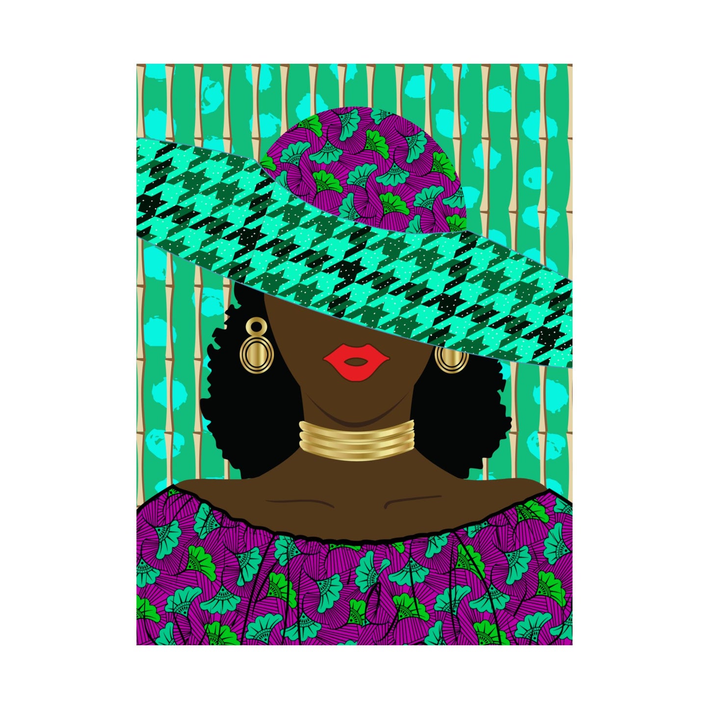 A stylized illustration of a woman wearing a large hat with a floral pattern, a colorful dress, and gold jewelry.