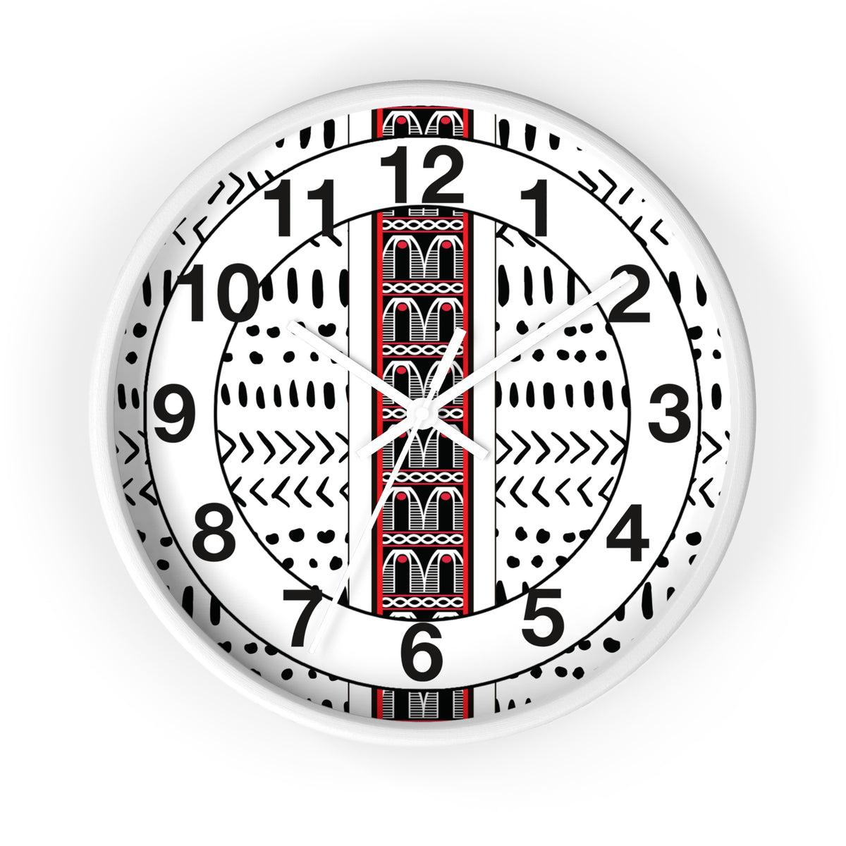Black and White Toghu Stripe on Mudcloth Round Wood Wall Clock