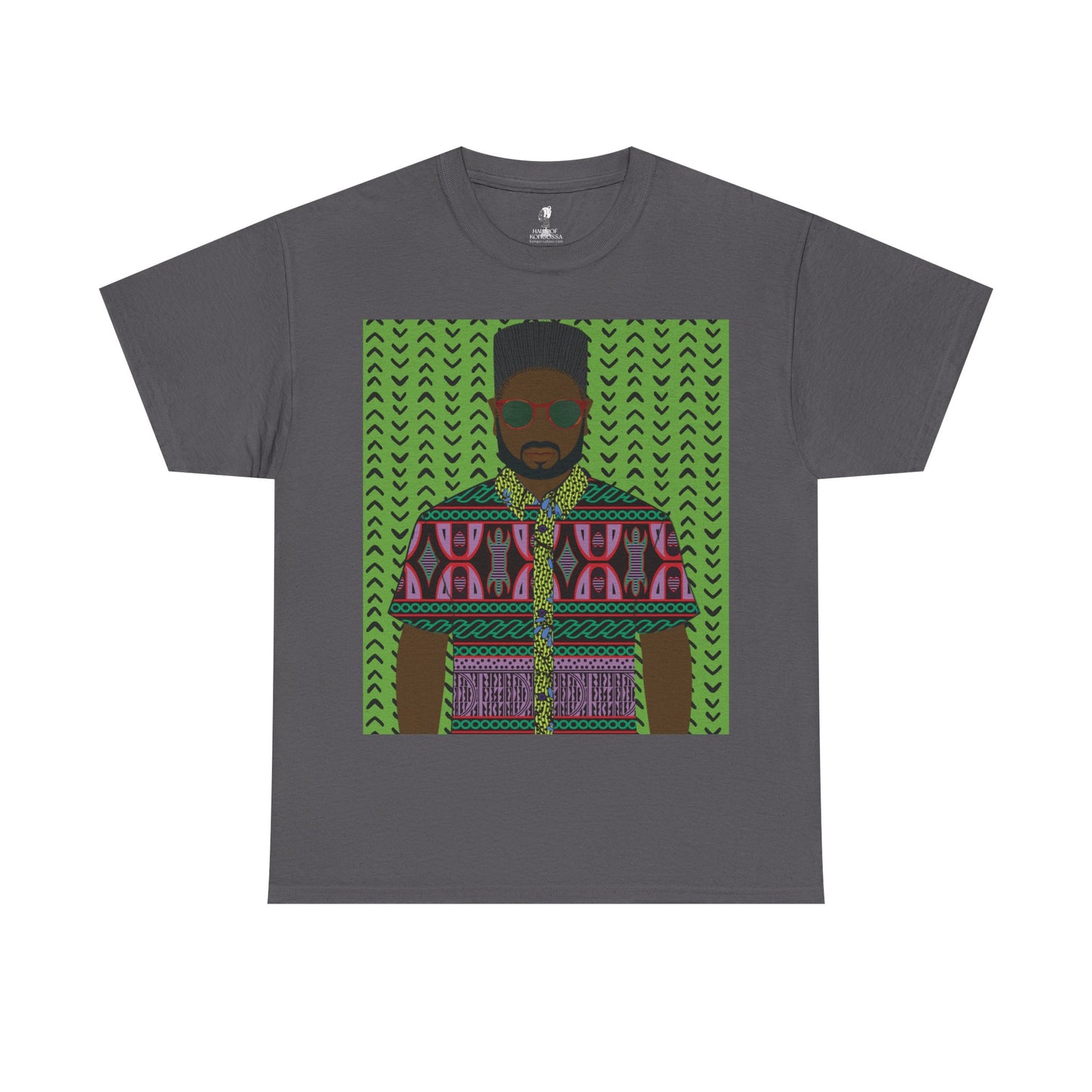 Phillipe(Chocolate) in Purple Toghu on Green Mudcloth Unisex Heavy Cotton Tee