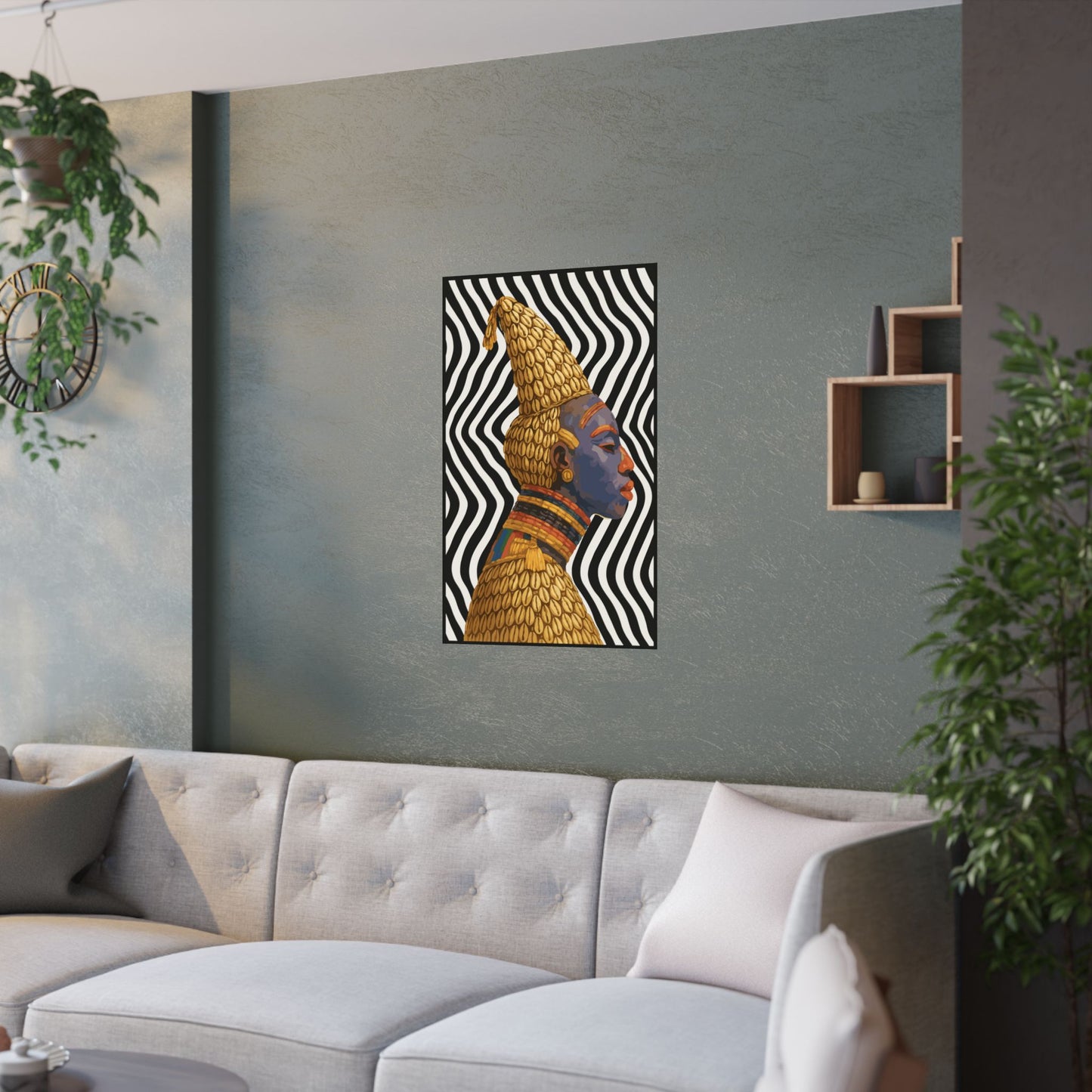 a modern living room with a gray sofa, a potted plant, and a striking black and white striped artwork depicting a woman's face with a colorful, stylized design.