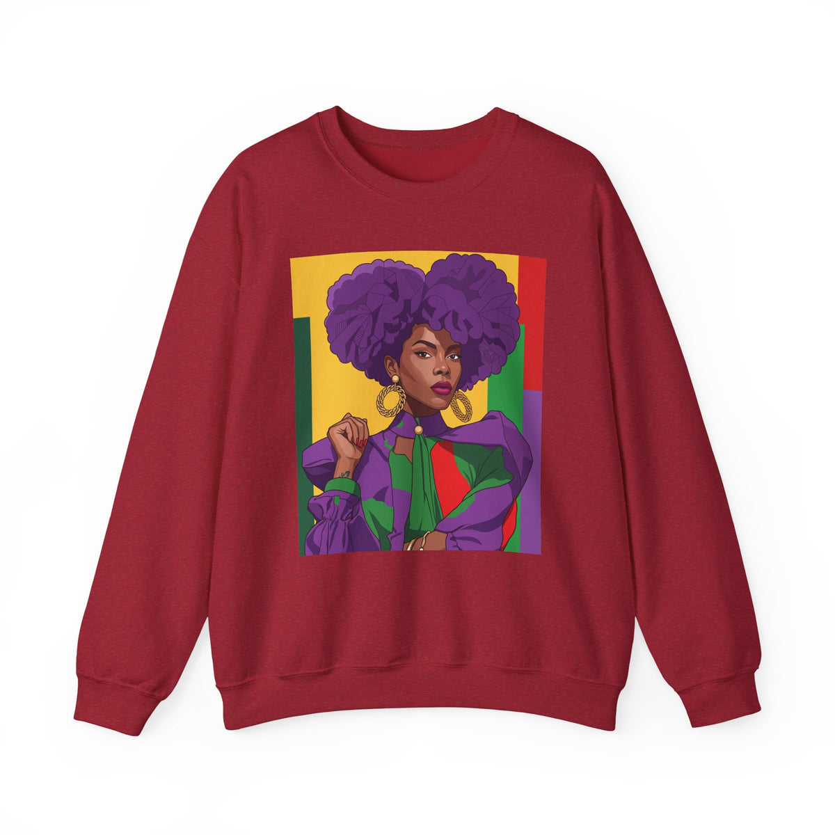 Abella Cotton Blend Sweatshirt, Black Woman Art, Colorful African-Inspired Crewneck