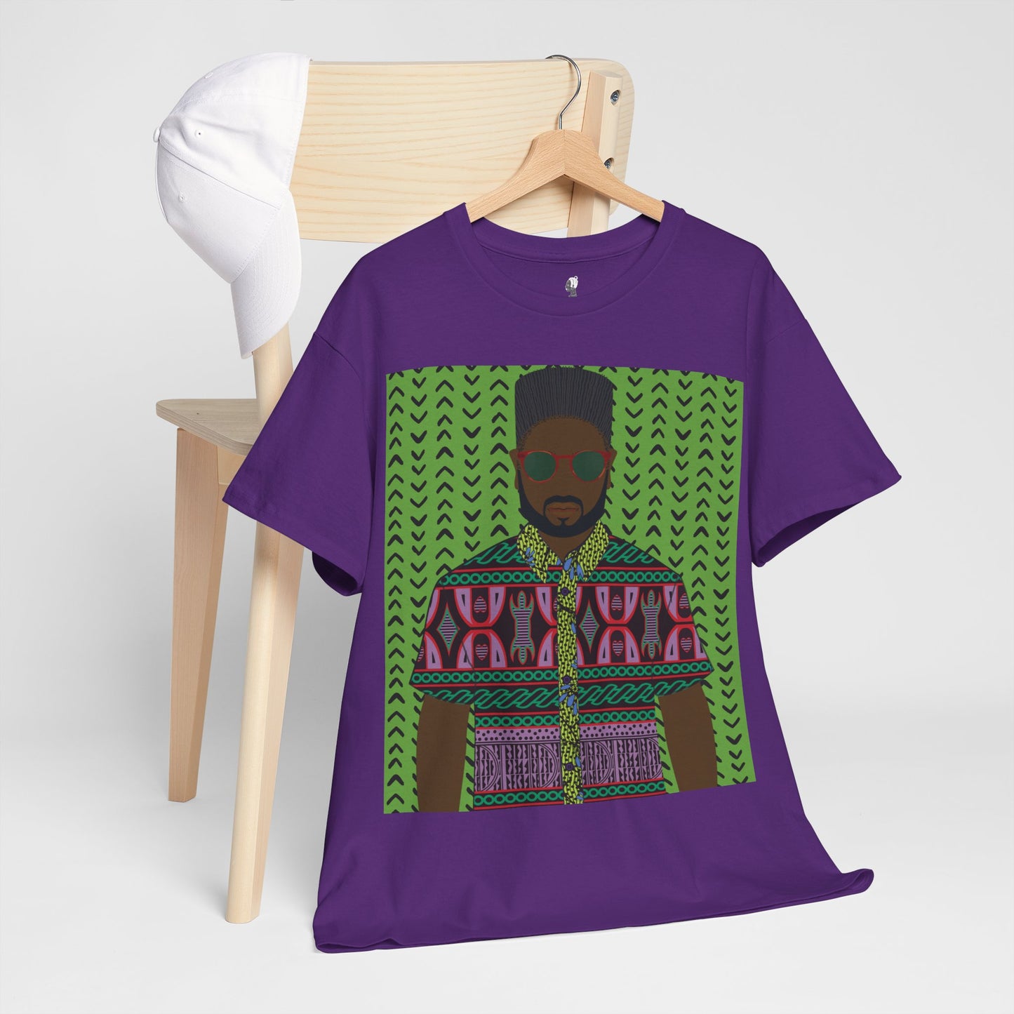 Phillipe(Chocolate) in Purple Toghu on Green Mudcloth Unisex Heavy Cotton Tee