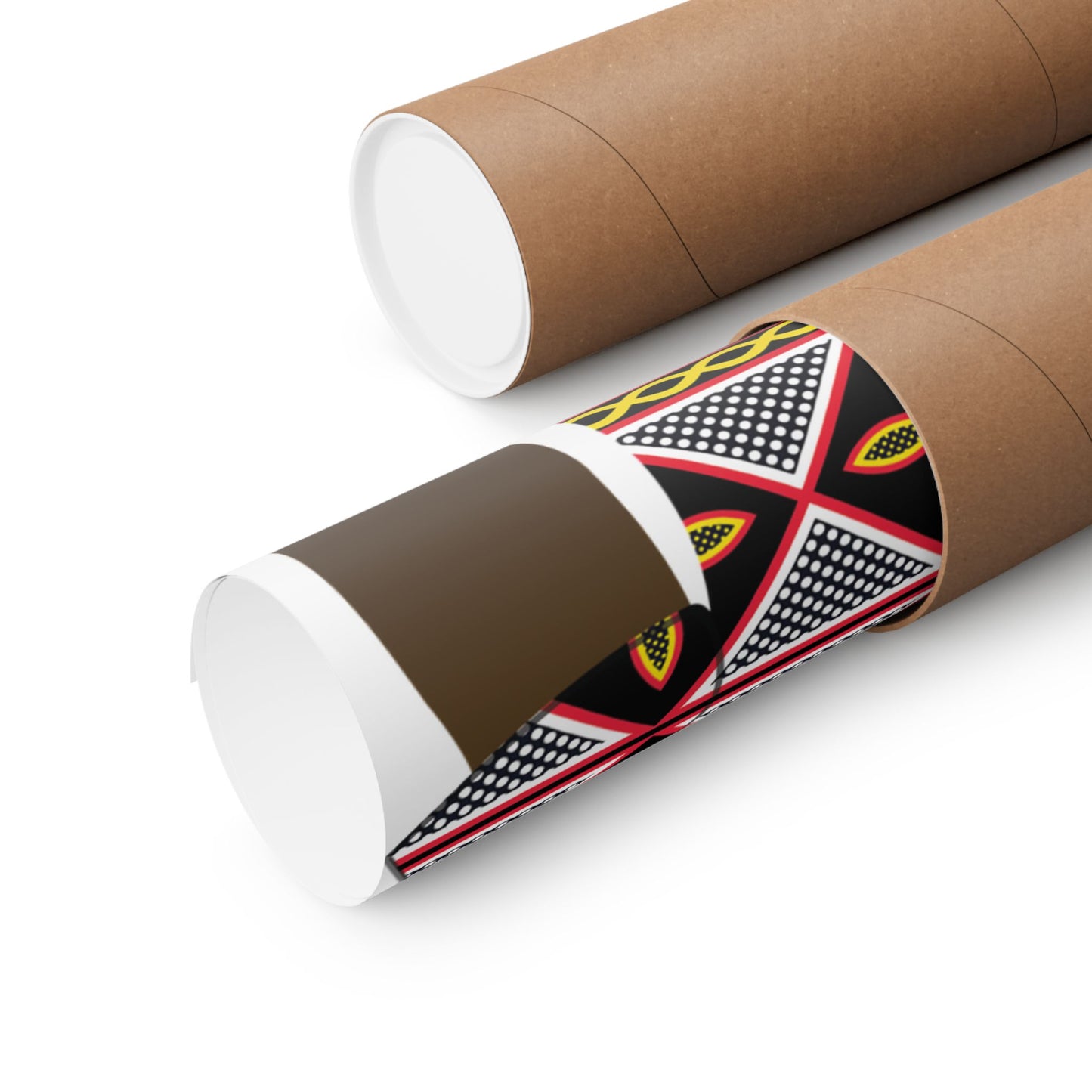 Pascale (Chocolate) in Yellow Toghu on White Backdrop Premium Matte Vertical Posters