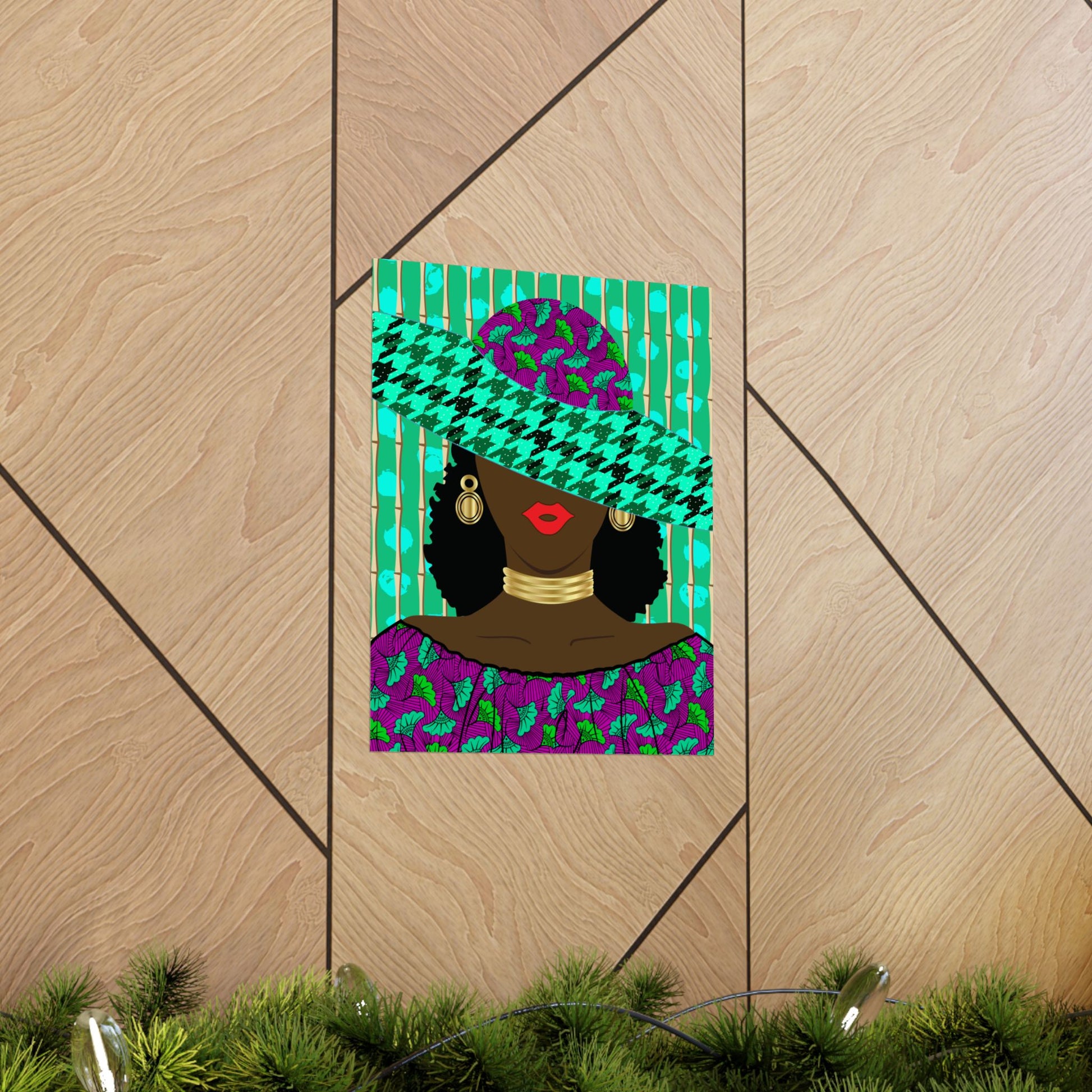 A colorful illustration of a woman wearing a green and purple patterned hat, with a floral pattern on her dress, is displayed on a wooden wall.