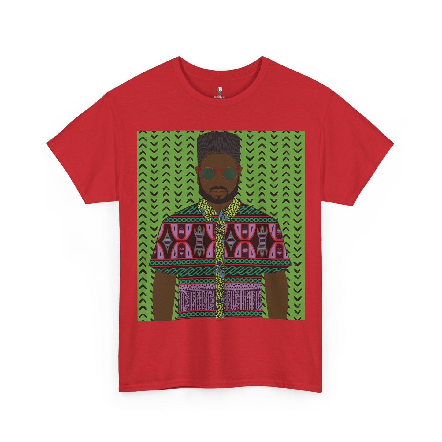 Phillipe(Chocolate) in Purple Toghu on Green Mudcloth Unisex Heavy Cotton Tee