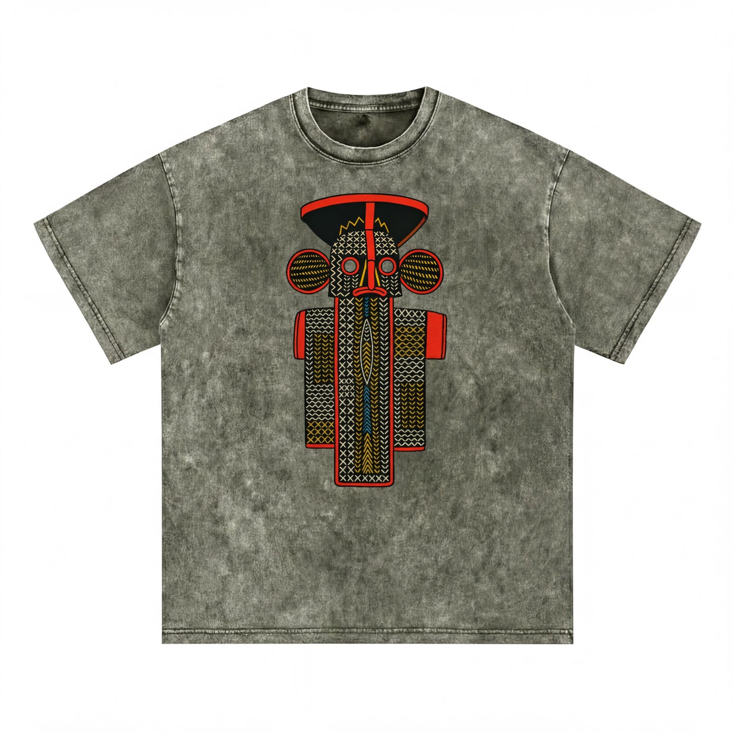a gray t-shirt with a graphic design on it.