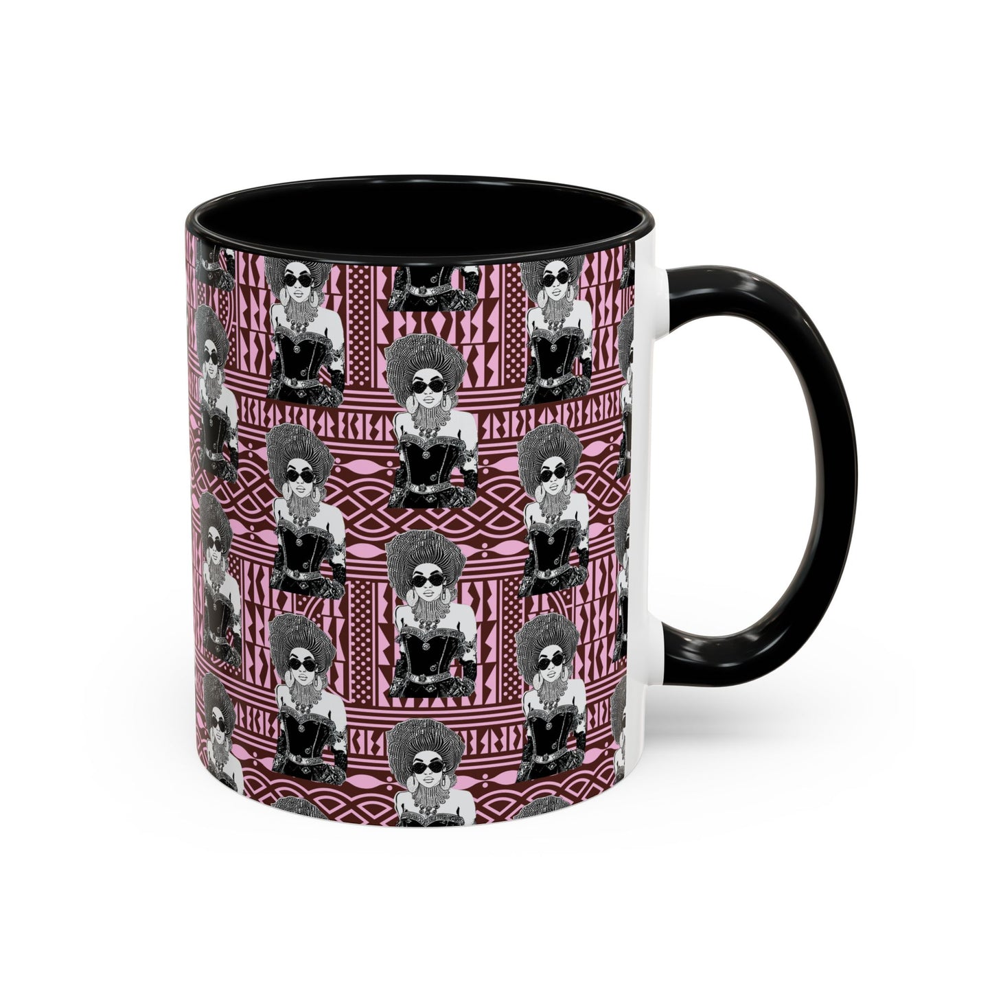 Madame Headtie(BW) Two-Tone Ceramic Coffee Mugs on Pink Ndop (4 Colors), 15oz