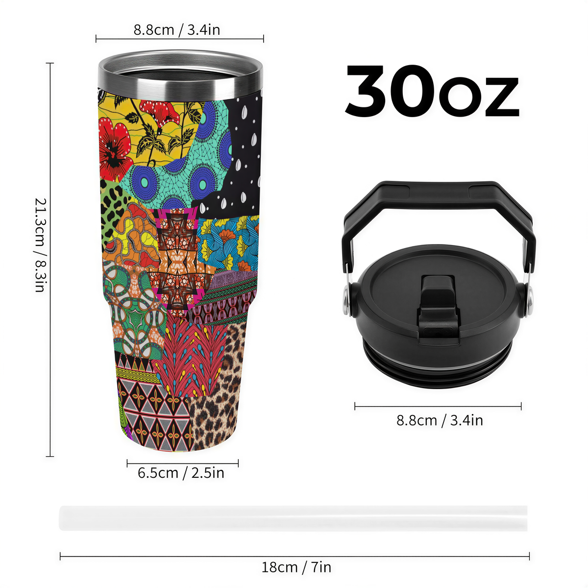 a colorful, patterned, and vibrant tumbler or thermos with a black lid, along with its dimensions and a black lid cover.