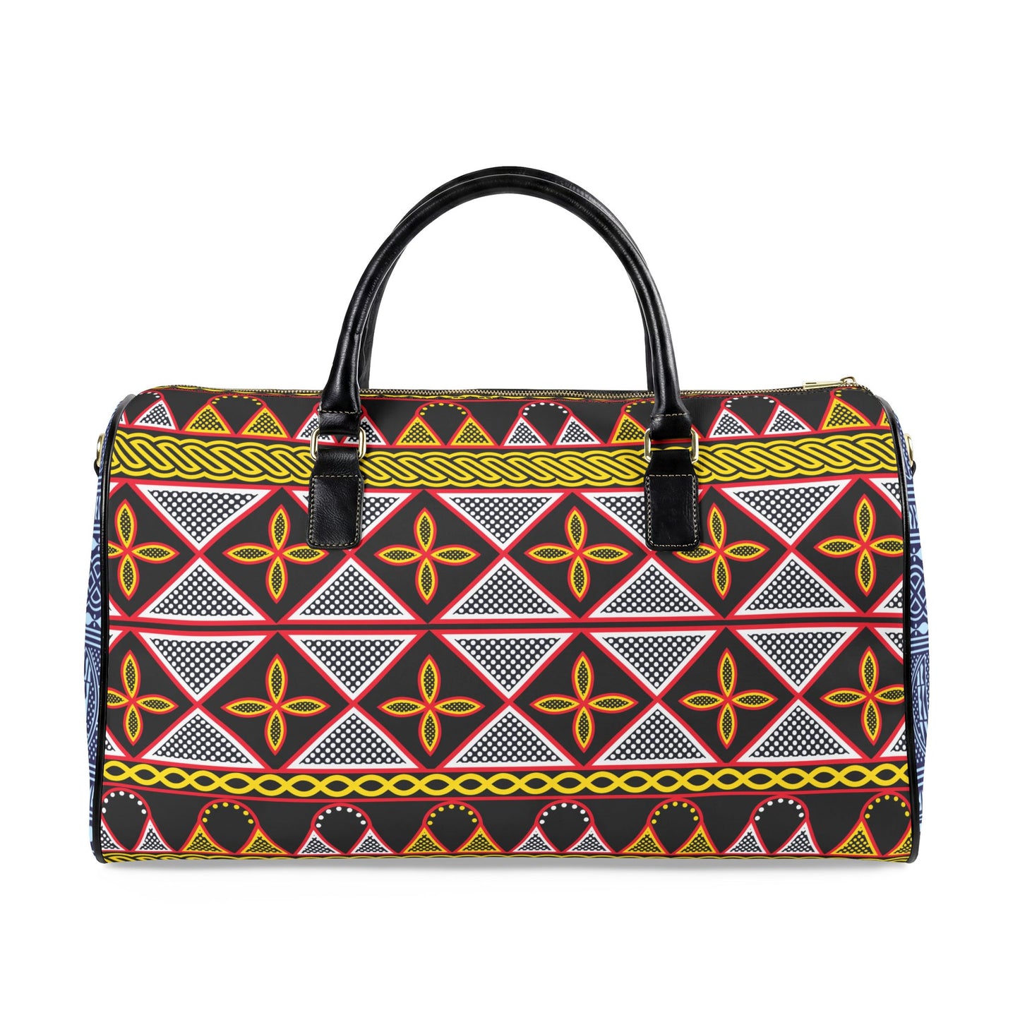 NEW Vegan Leather Travel Bag, Yellow Toghu with Blue Ndop Sides print