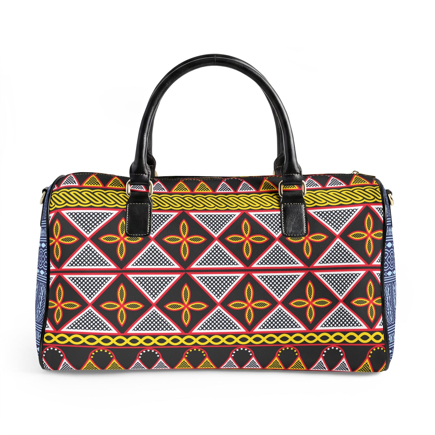 NEW Vegan Leather Travel Bag, Yellow Toghu with Blue Ndop Sides print
