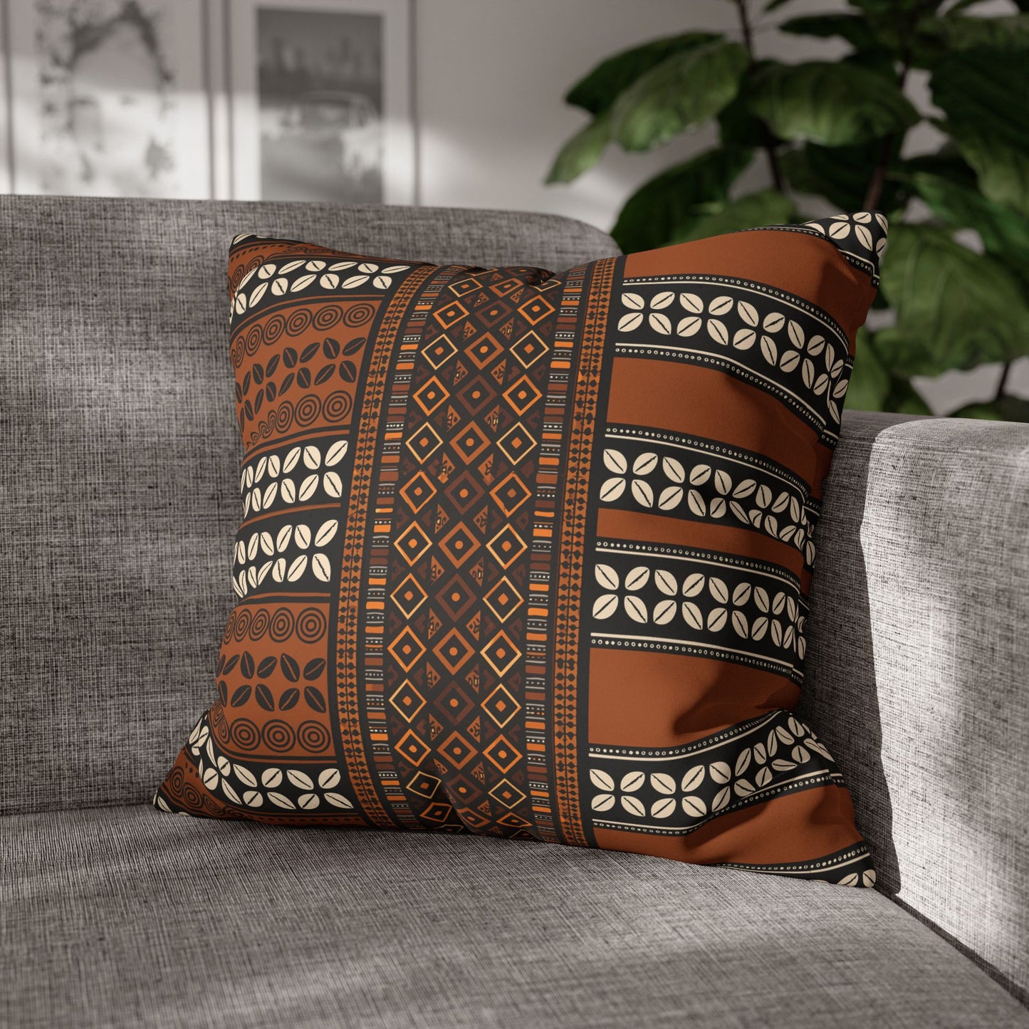Mudcloth and Cowries  Faux Suede Pillow Case, Square Throw Cushion, Boho Home Decor, Living Room Accent, Bedroom Accessory