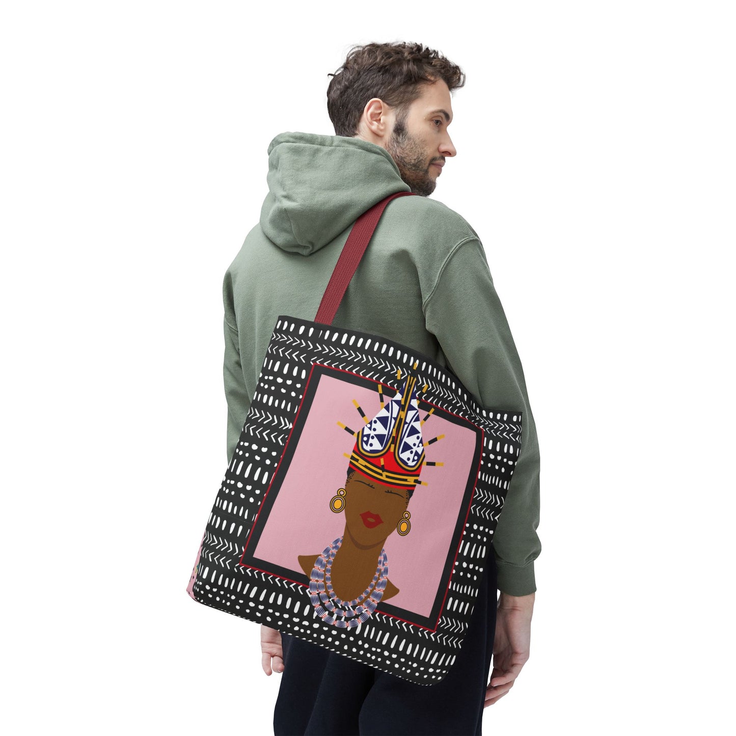 African Inspired Spiky Hat Bamileke Bamenda Girl on Pink and Mudcloth AOP Tote Bag, Ethnic Shoulder Bag, Cultural Market Bag, Colorful