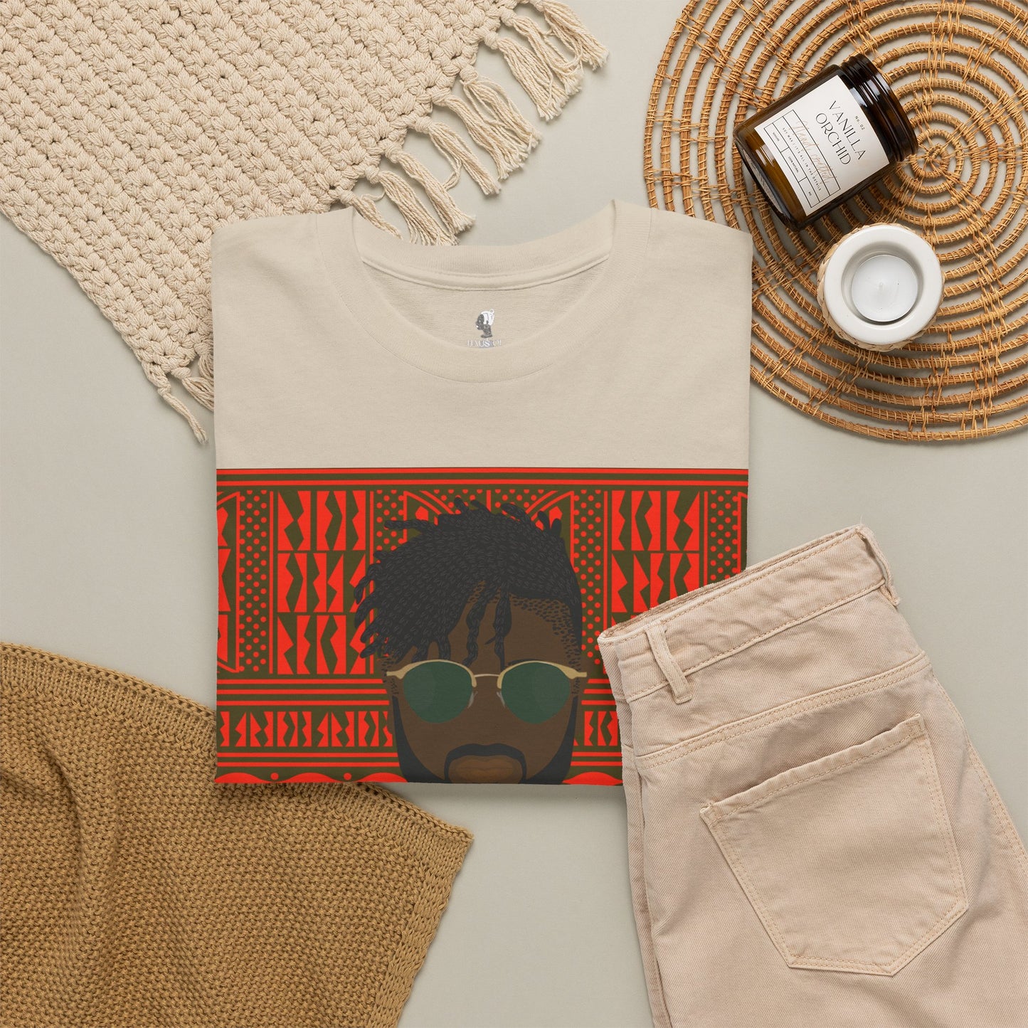 Pascale(Chocolate) in Yellow Toghu on Red Ndop Unisex Heavy Cotton Tee