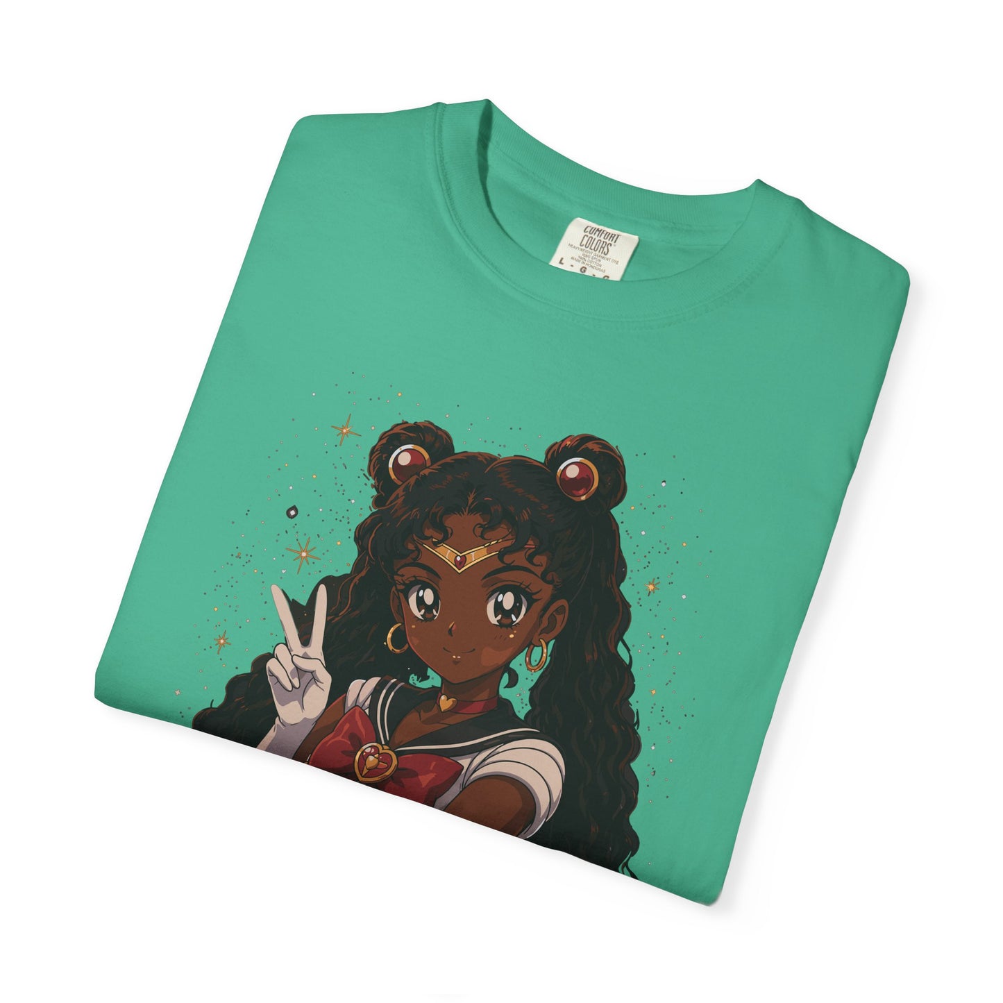 Melanin Magic Anime Tee, Black Anime Girl Shirt, Afro Magical Girl Tee, African Streetwear Graphic, Unisex Garment-Dyed T-Shirt