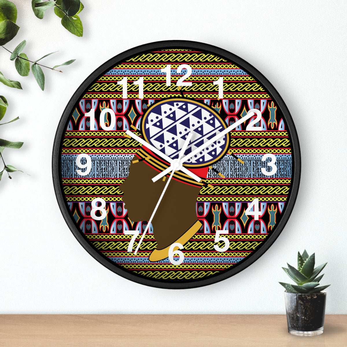 African wood wall clock, Bamileke Toghu Print Man, 12in Wood Mini