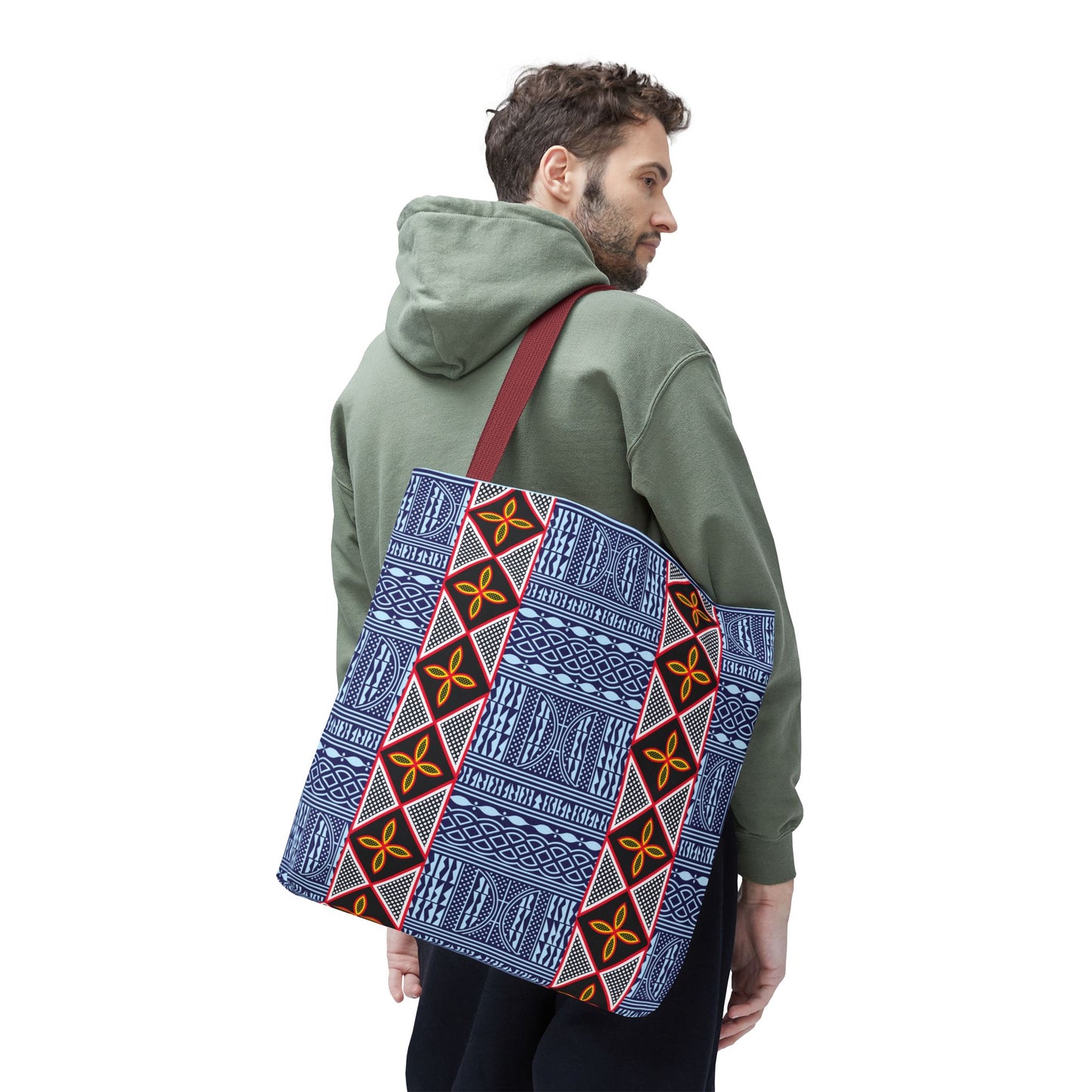 Blue Tribal Ndop Pattern Canvas Tote | Geometric Ethnic Print, Vertical Toghu Stripes
