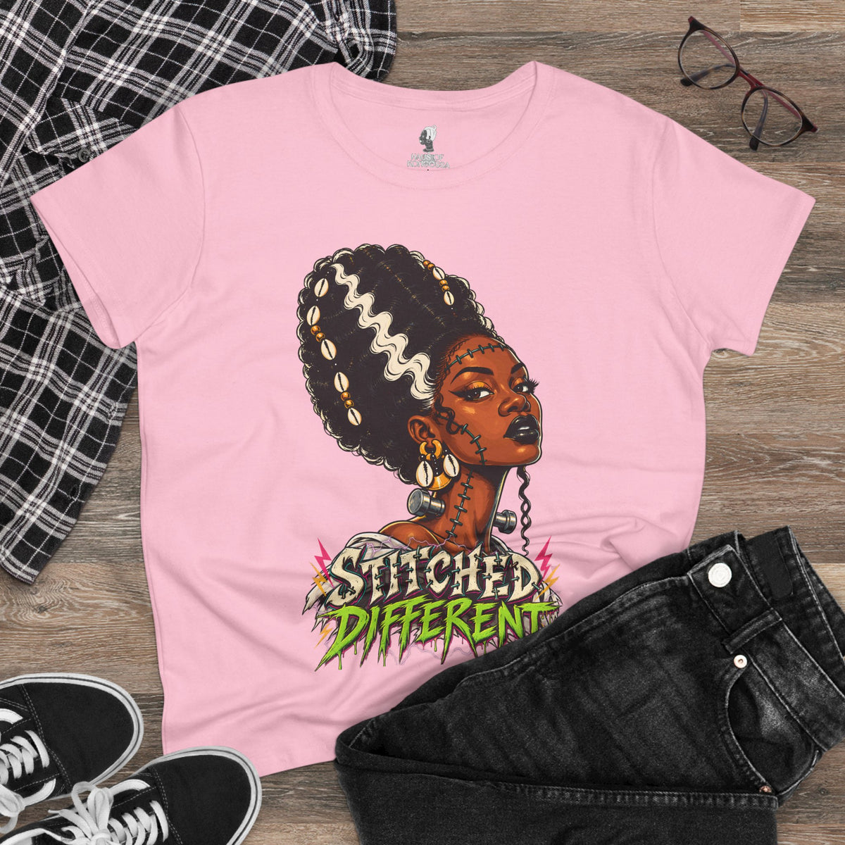 Stitched Different Afro Punk Portrait Tee, Halloween Women's Cotton Cotton T-Shirt