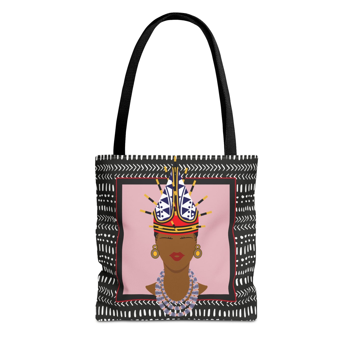 African Inspired Spiky Hat Bamileke Bamenda Girl on Pink and Mudcloth AOP Tote Bag, Ethnic Shoulder Bag, Cultural Market Bag, Colorful