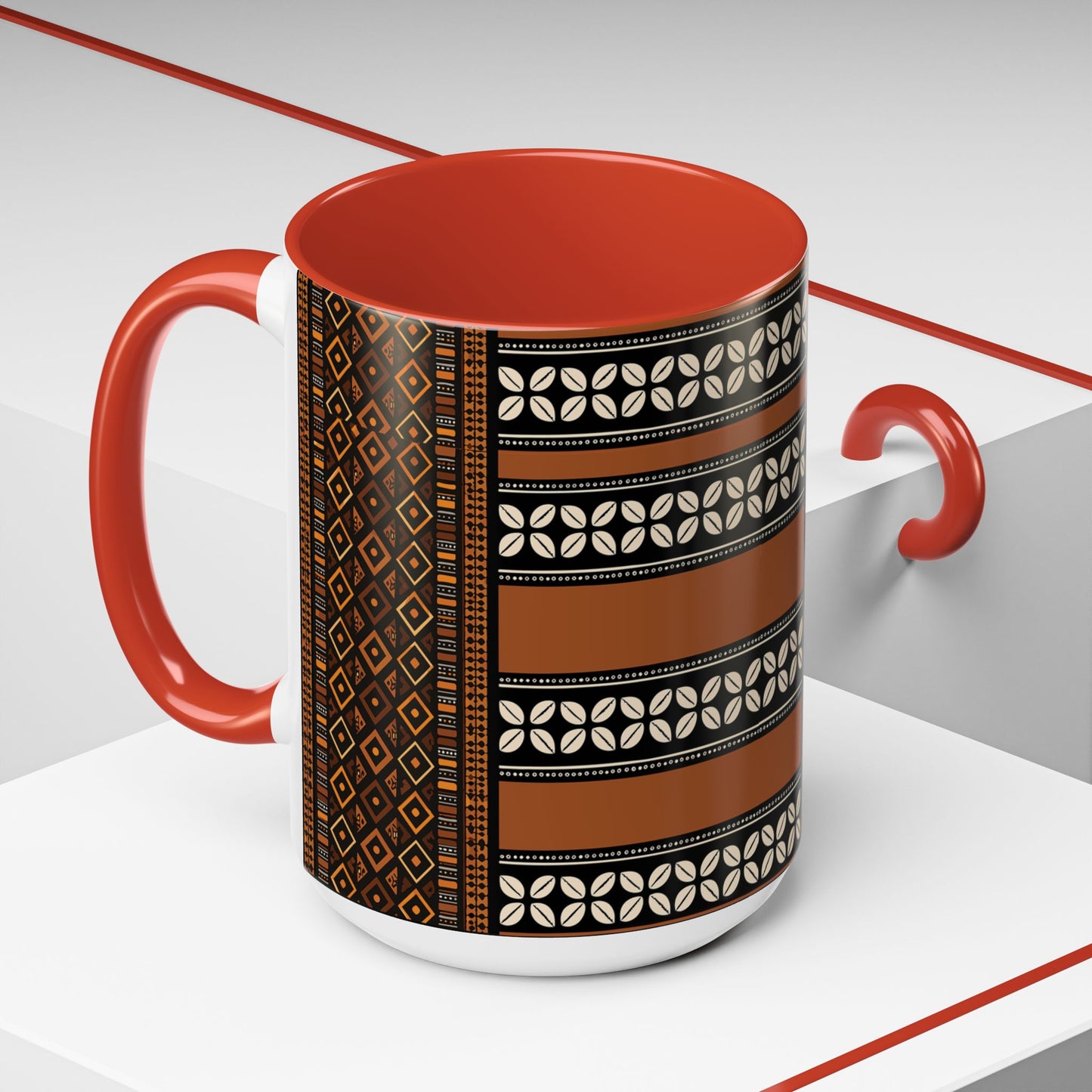 Mudcloth and Cowries Ceramic Coffee Mug (11, 15oz) in 4 Colors, 2 Sizes, Unique African Print Design