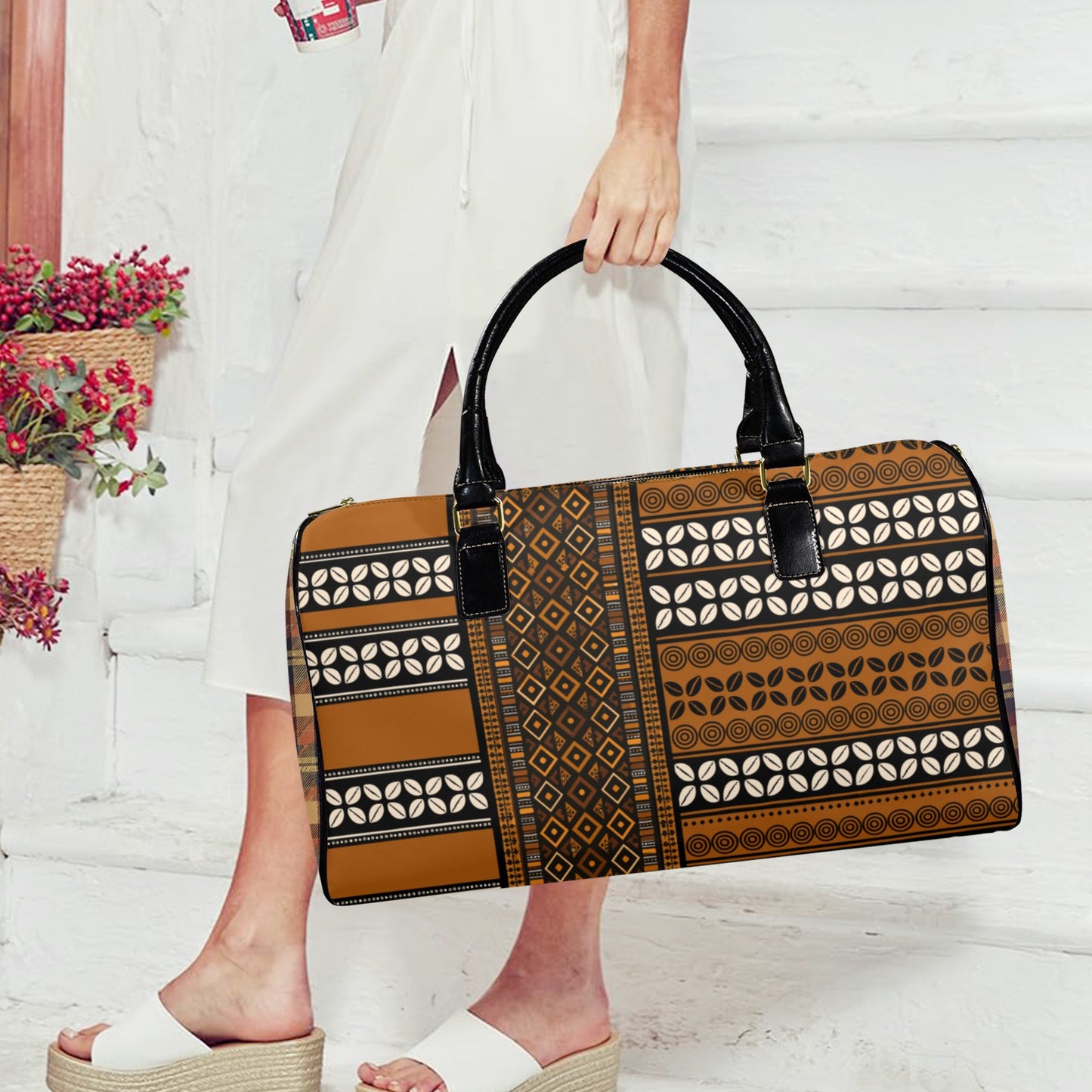 NEW Vegan Leather Mudcloth & Cowries Print Travel Bag