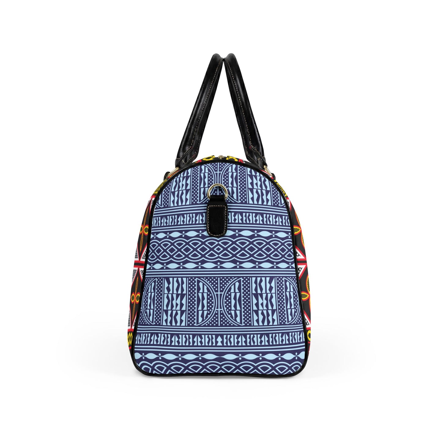NEW Vegan Leather Travel Bag, Yellow Toghu with Blue Ndop Sides print