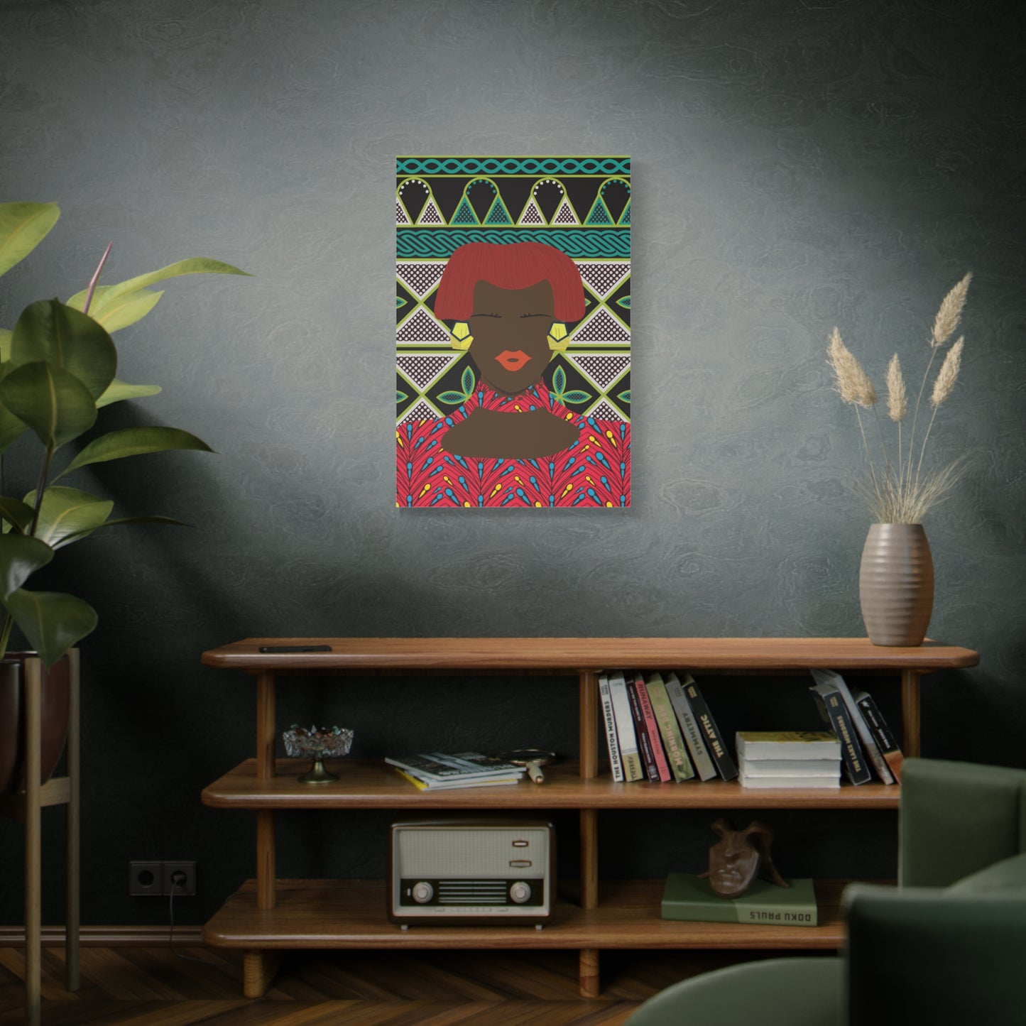 Matte Canvas Wall Art, Bobby (Chocolate) in Floral Red on Green Cameroon Toghu Stretched Art Print, Home Decor, African Inspired Gift, Unique, Stretched, 1.25"