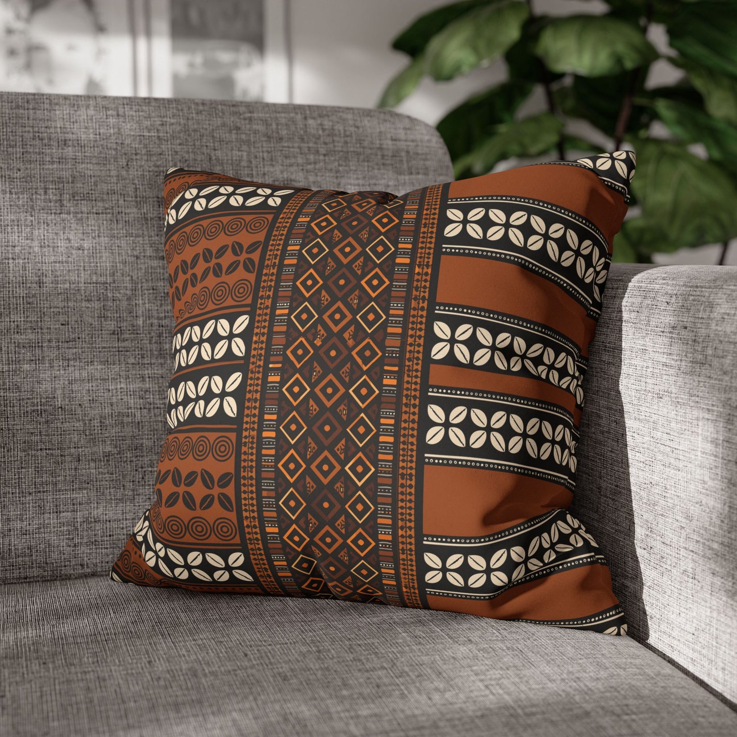 Mudcloth and Cowries  Faux Suede Pillow Case, Square Throw Cushion, Boho Home Decor, Living Room Accent, Bedroom Accessory