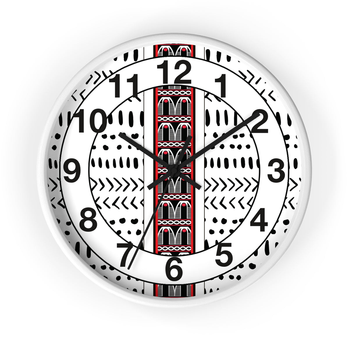 Black and White Toghu Stripe on Mudcloth Round Wood Wall Clock