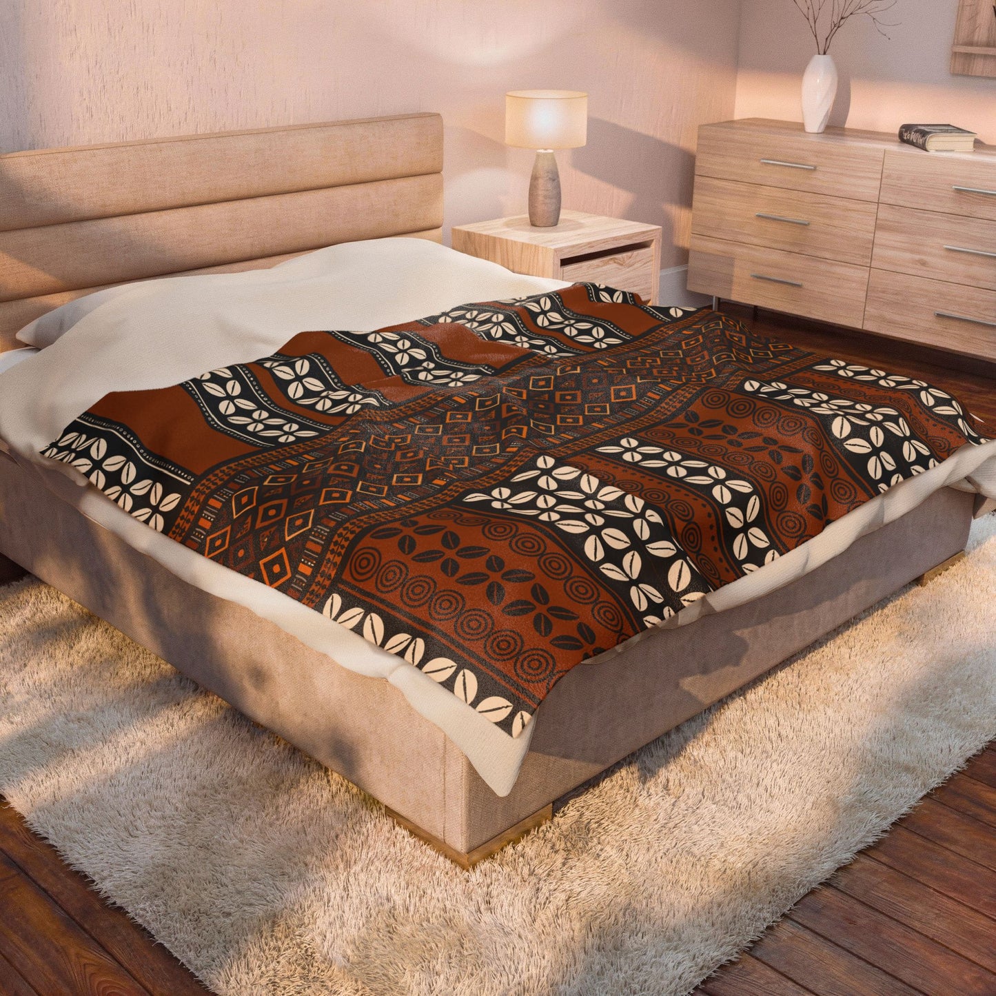 Mudcloth and Cowries Velveteen Blanket, Cozy Throw, Ethnic Design Bedding, Soft Afrocentric Bedspread, Warm Living Room Decor
