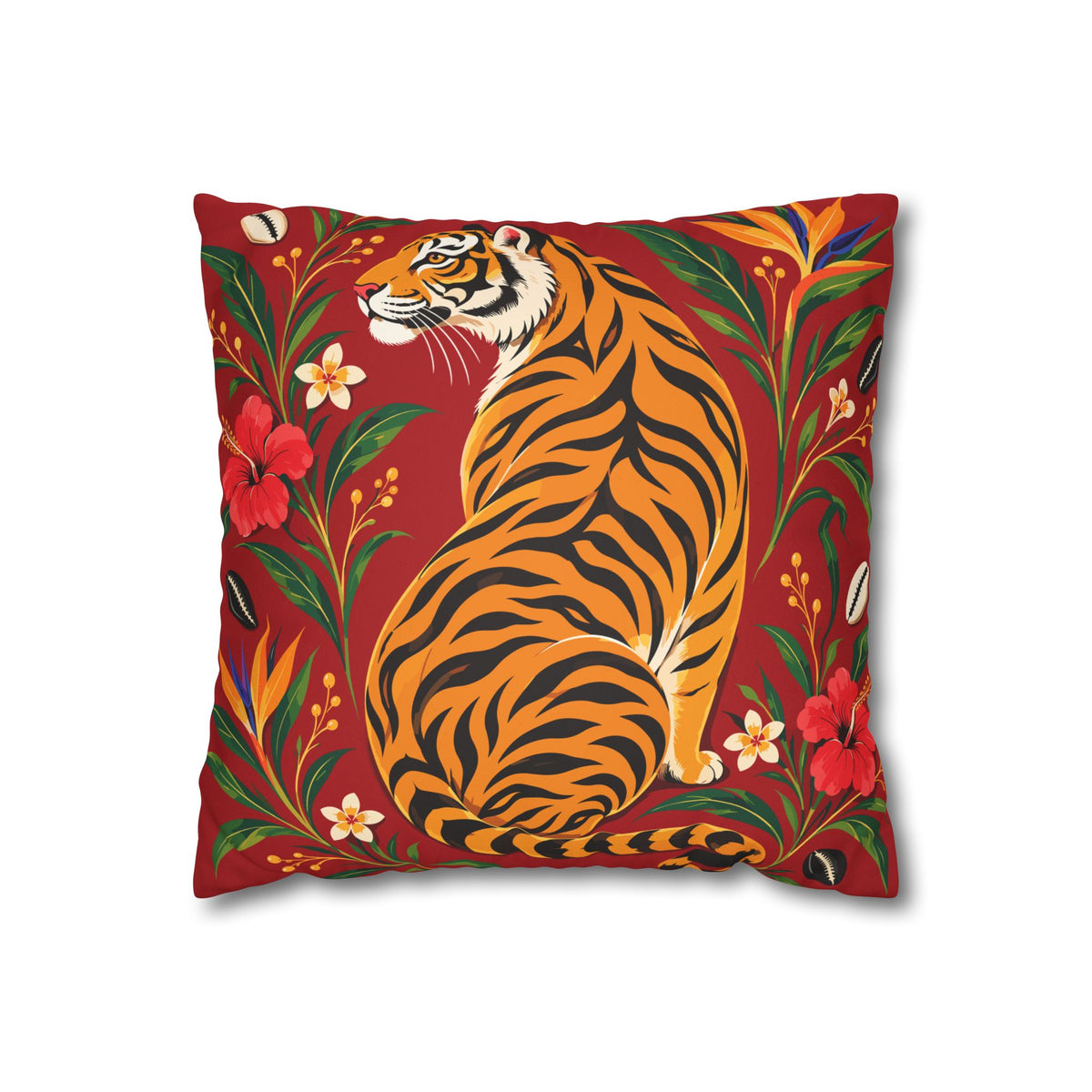 Bengal Tiger & Tropical Blooms Double-Sided Faux Suede Throw Pillow Cover | Ntoh-Inspired African Décor
