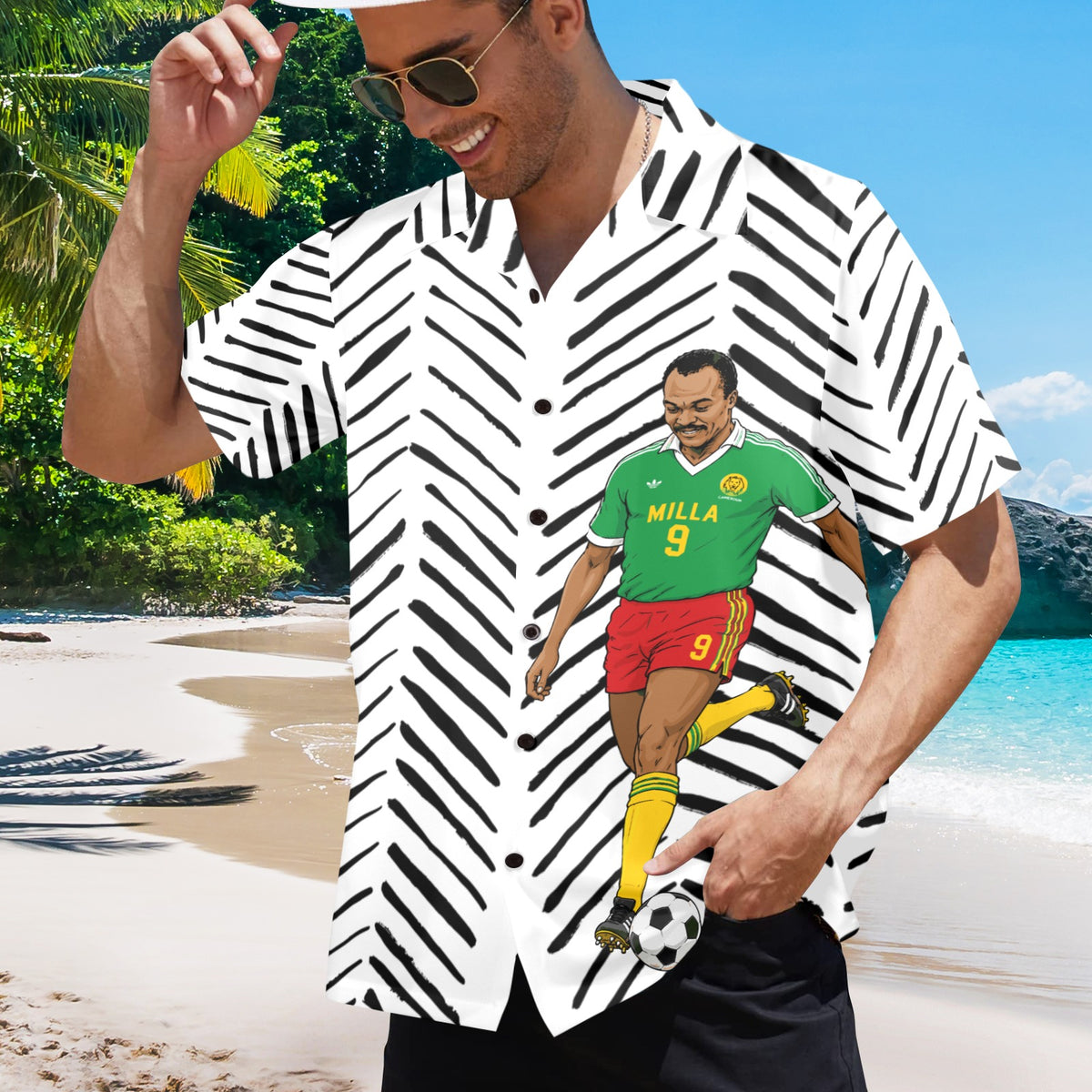 Roger Milla Hawaiian Shirt ,Cameroon Football Legend, Mudcloth Resort Shirt , African Soccer Camp Collar Button Up