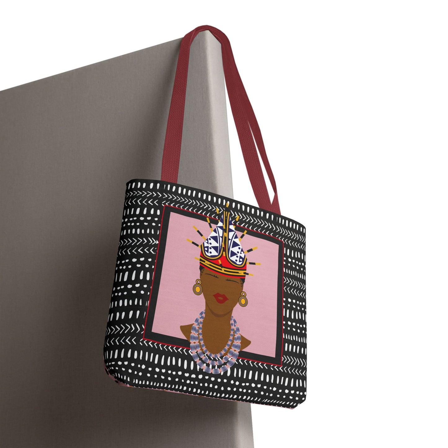 African Inspired Spiky Hat Bamileke Bamenda Girl on Pink and Mudcloth AOP Tote Bag, Ethnic Shoulder Bag, Cultural Market Bag, Colorful