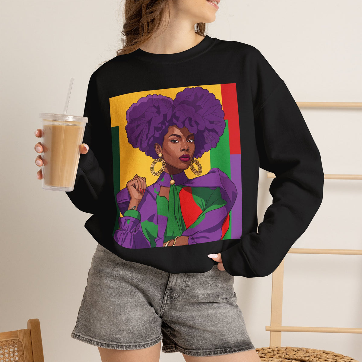 Abella Cotton Blend Sweatshirt, Black Woman Art, Colorful African-Inspired Crewneck