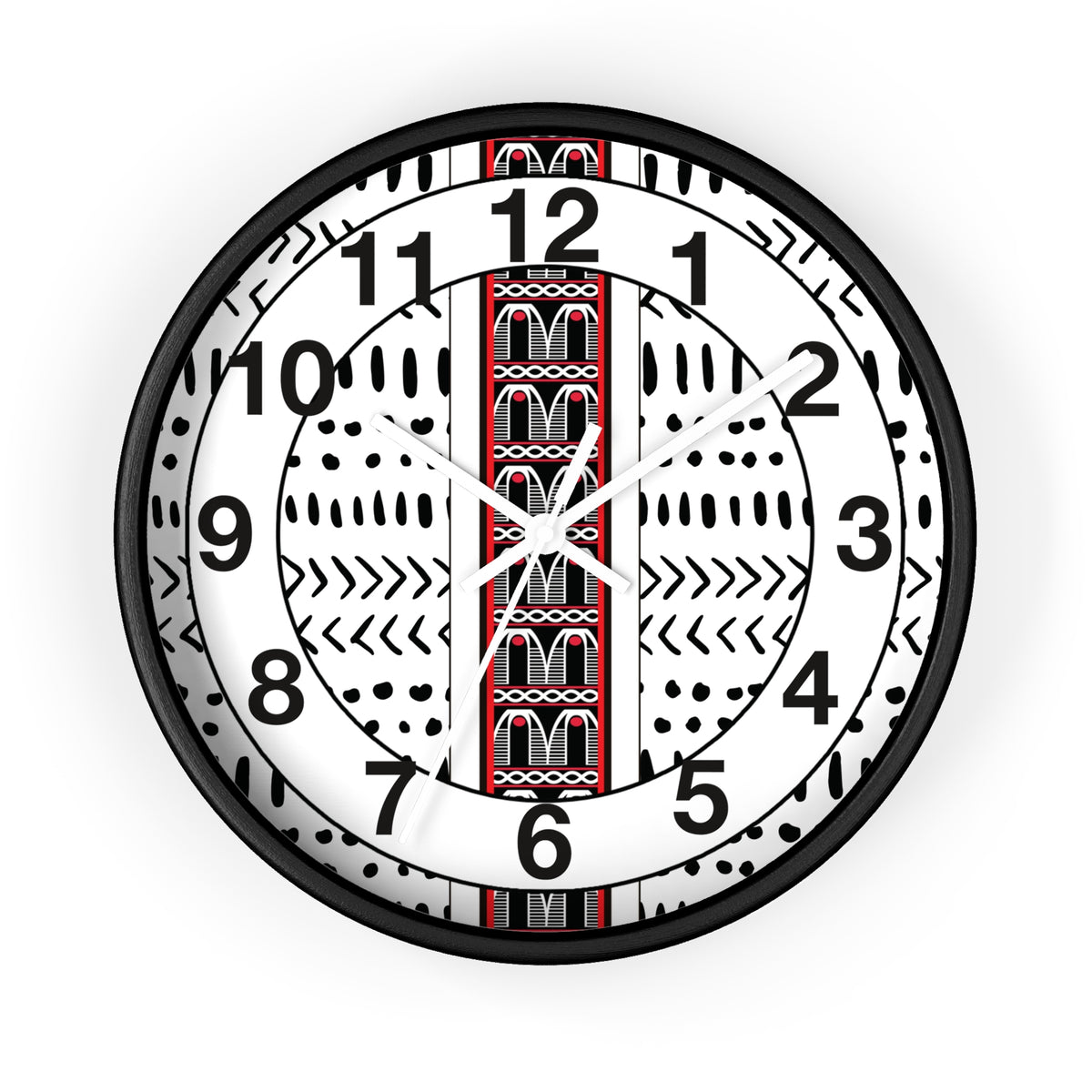 Black and White Toghu Stripe on Mudcloth Round Wood Wall Clock