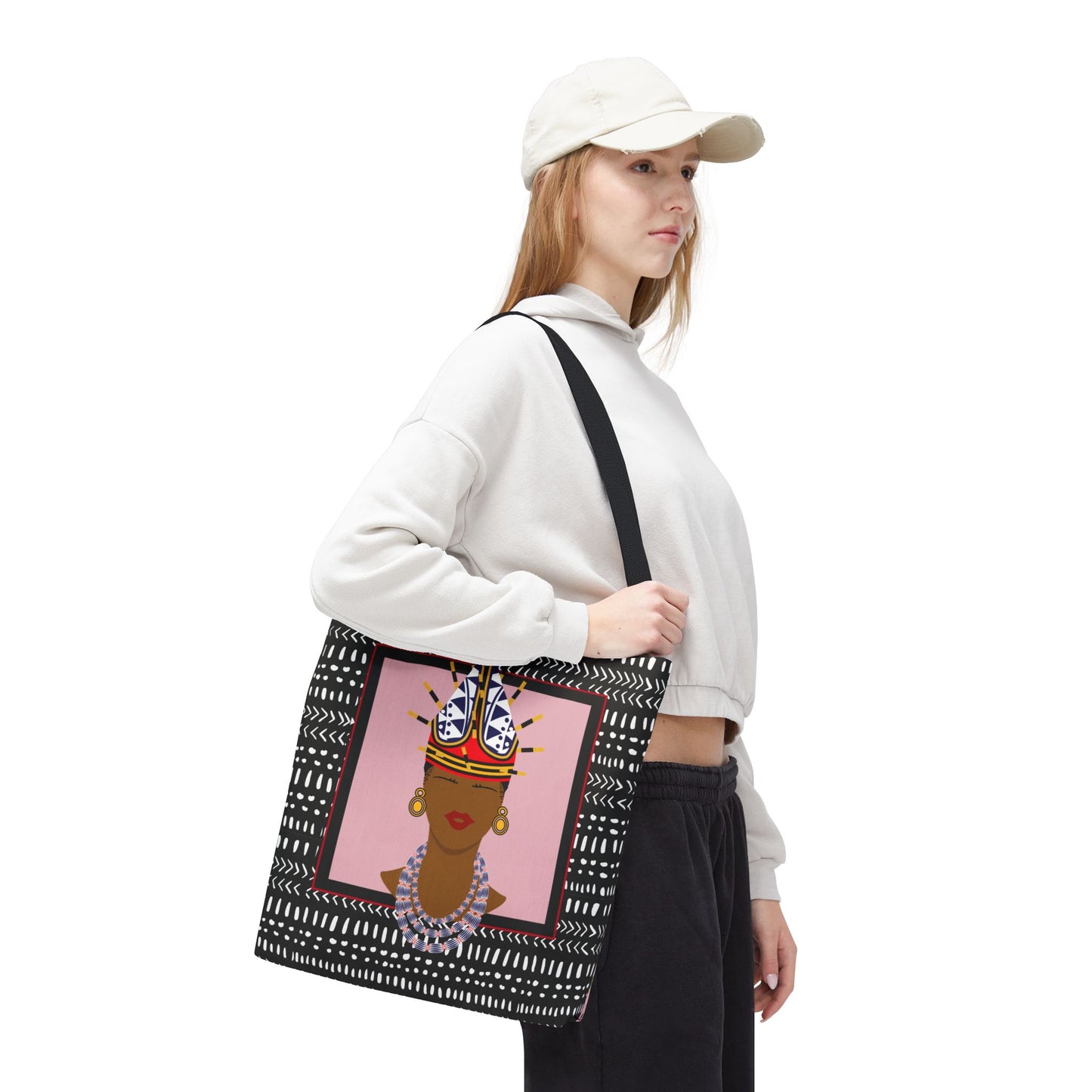 African Inspired Spiky Hat Bamileke Bamenda Girl on Pink and Mudcloth AOP Tote Bag, Ethnic Shoulder Bag, Cultural Market Bag, Colorful