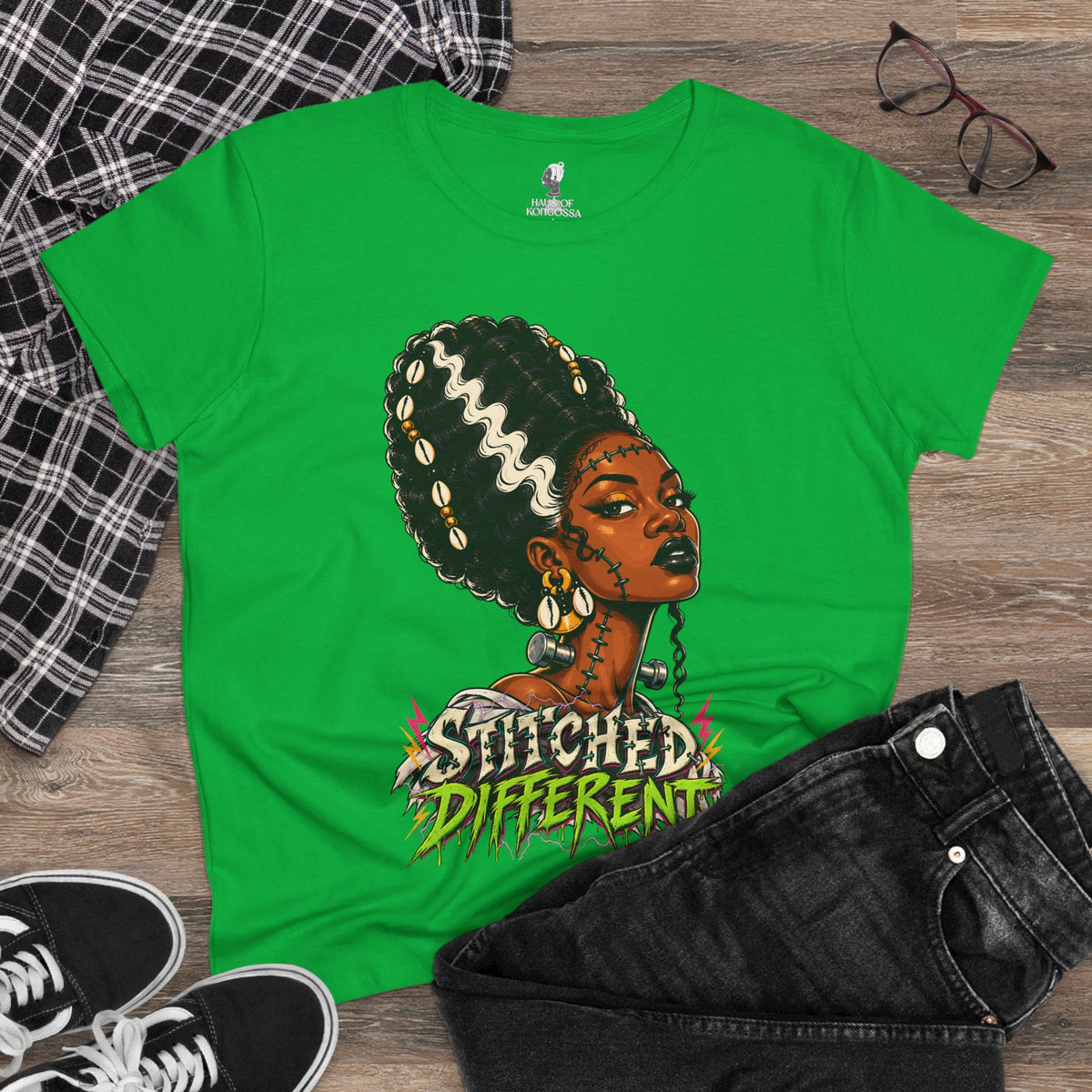 Stitched Different Afro Punk Portrait Tee, Halloween Women's Cotton Cotton T-Shirt