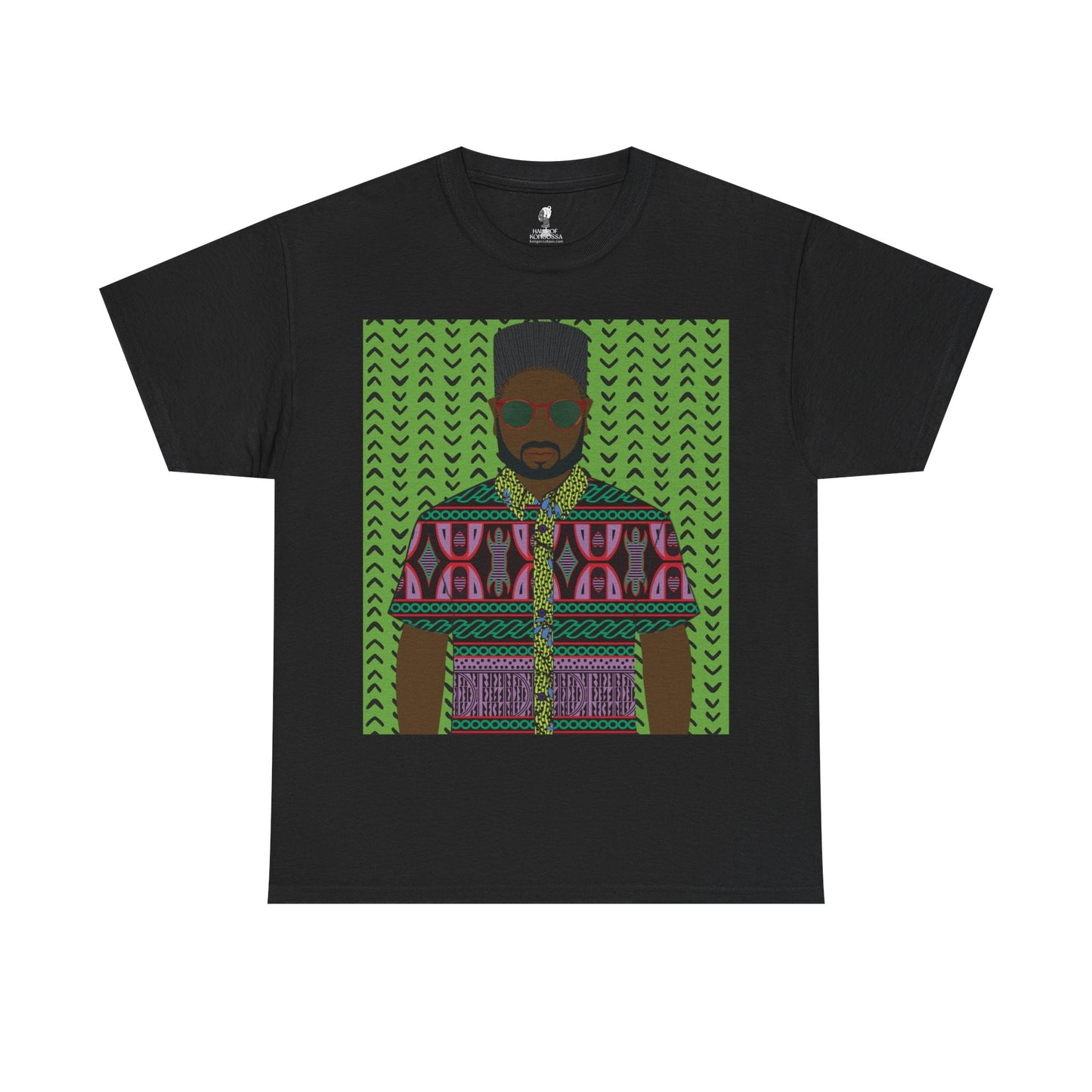 Phillipe(Chocolate) in Purple Toghu on Green Mudcloth Unisex Heavy Cotton Tee