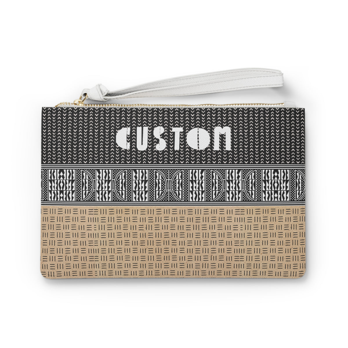Personalized Mudcloth Print Wristlet: Vegan Leather Clutch Bag