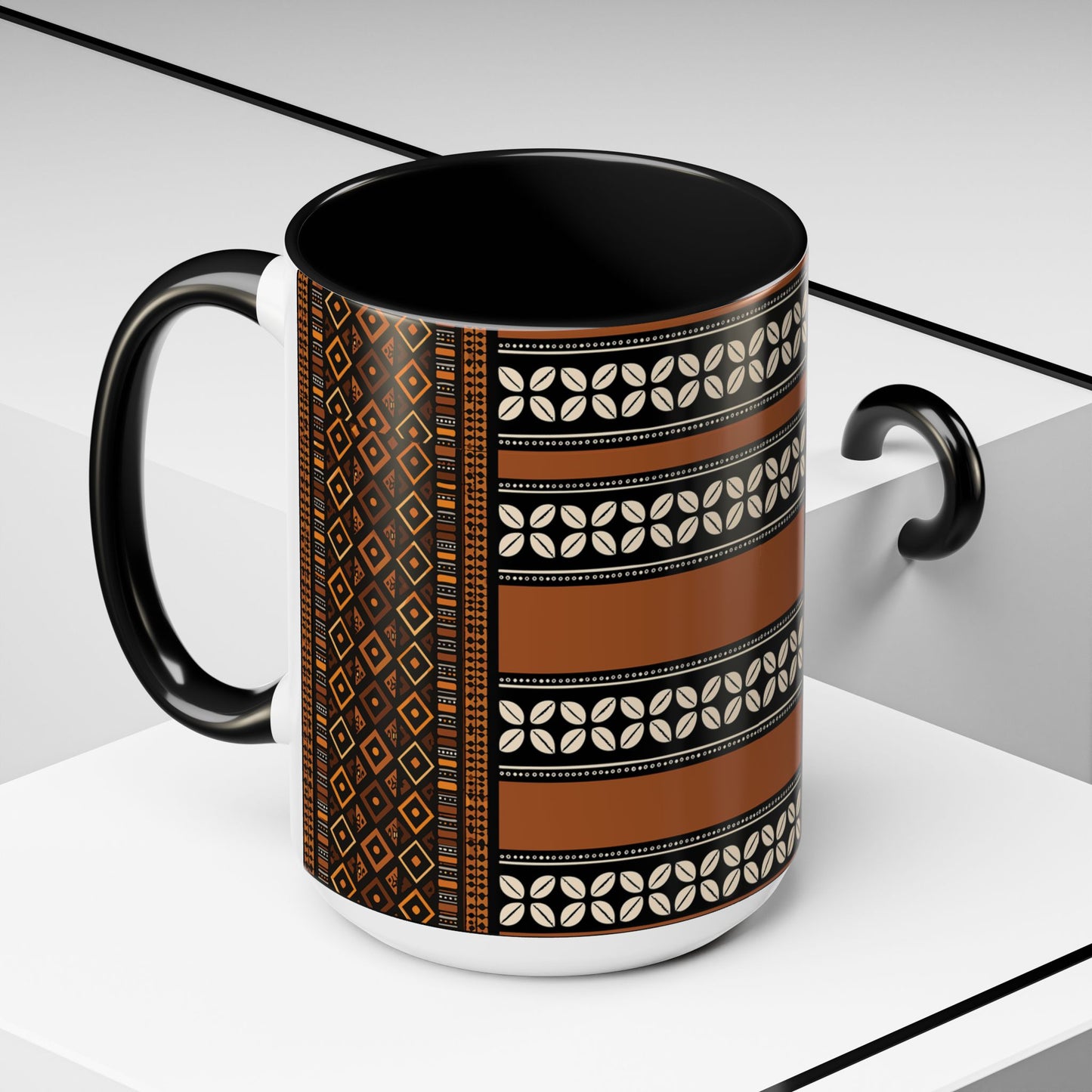 Mudcloth and Cowries Ceramic Coffee Mug (11, 15oz) in 4 Colors, 2 Sizes, Unique African Print Design