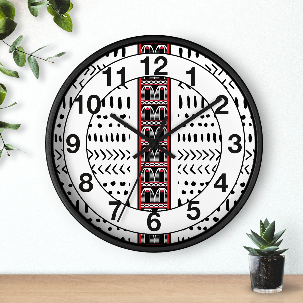 Black and White Toghu Stripe on Mudcloth Round Wood Wall Clock