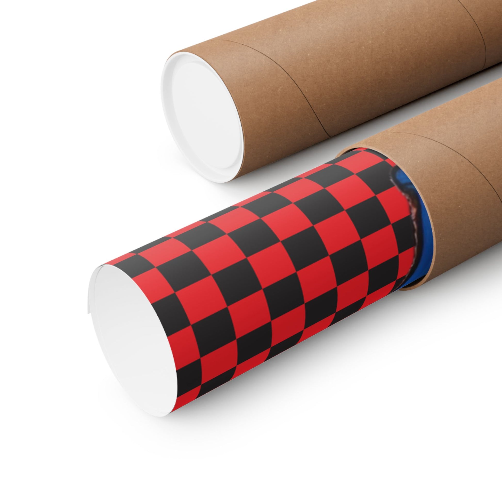 two cardboard tubes with a red and black checkered pattern on them.