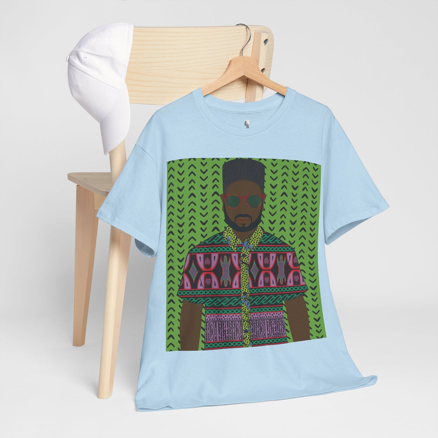 Phillipe(Chocolate) in Purple Toghu on Green Mudcloth Unisex Heavy Cotton Tee