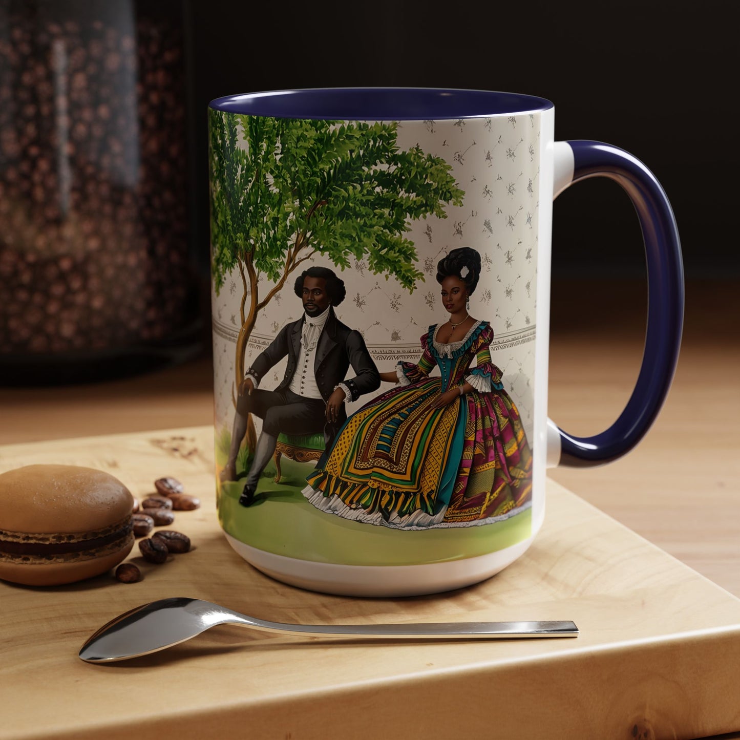 Toile Victorian African Couple Ceramic Accent Coffee Mugs (5 Colors), 11oz, 15oz