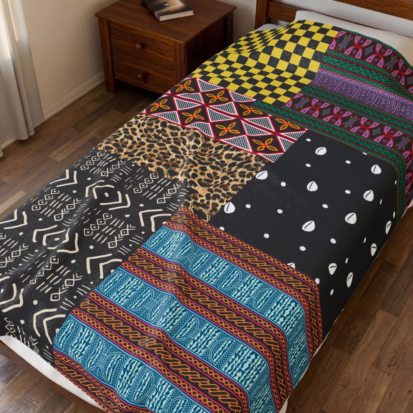 African Patchwork Velveteen Blanket, Cozy Throw, Ethnic Design Bedding, Soft Afrocentric Bedspread, Warm Living Room Decor, Unique Cultural