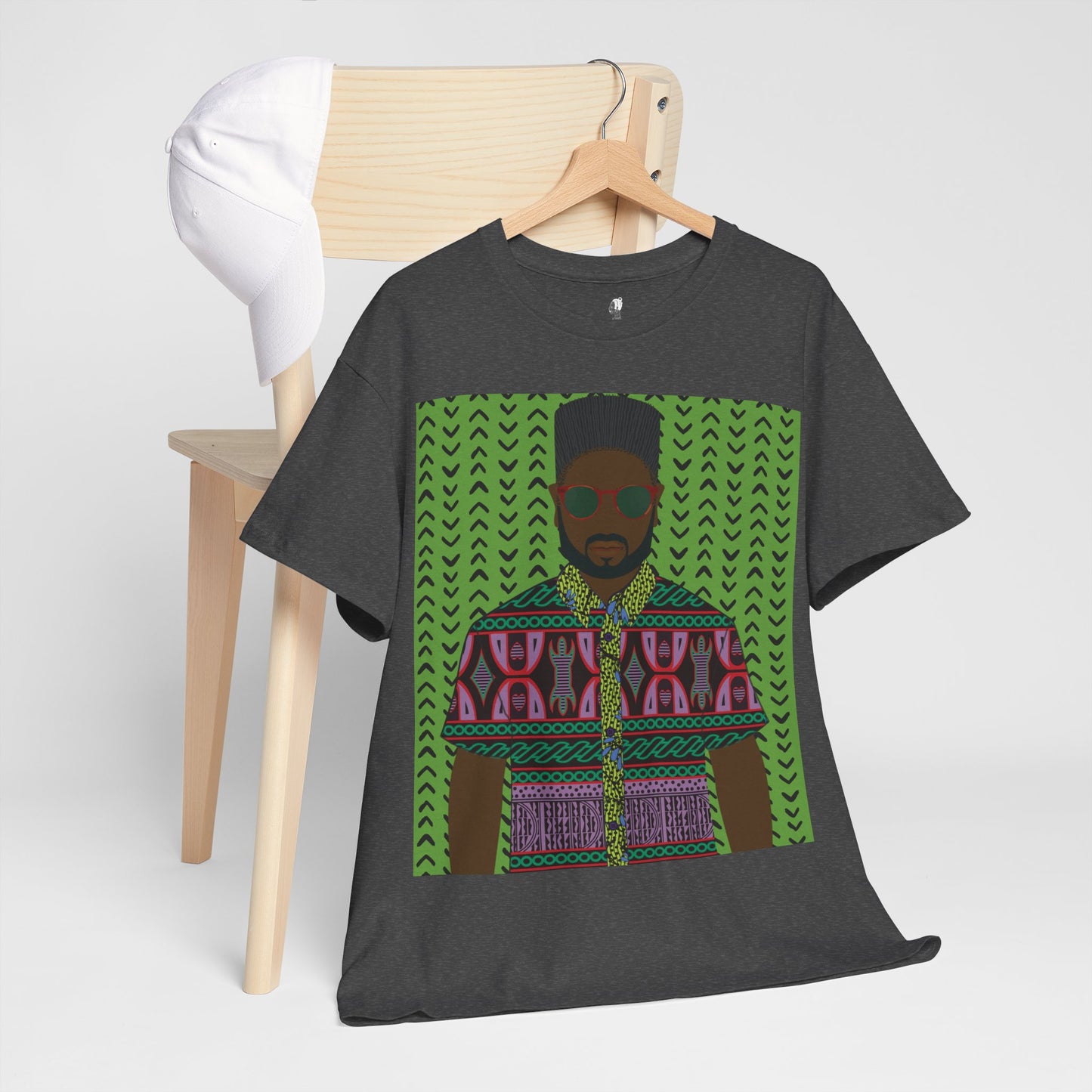 Phillipe(Chocolate) in Purple Toghu on Green Mudcloth Unisex Heavy Cotton Tee