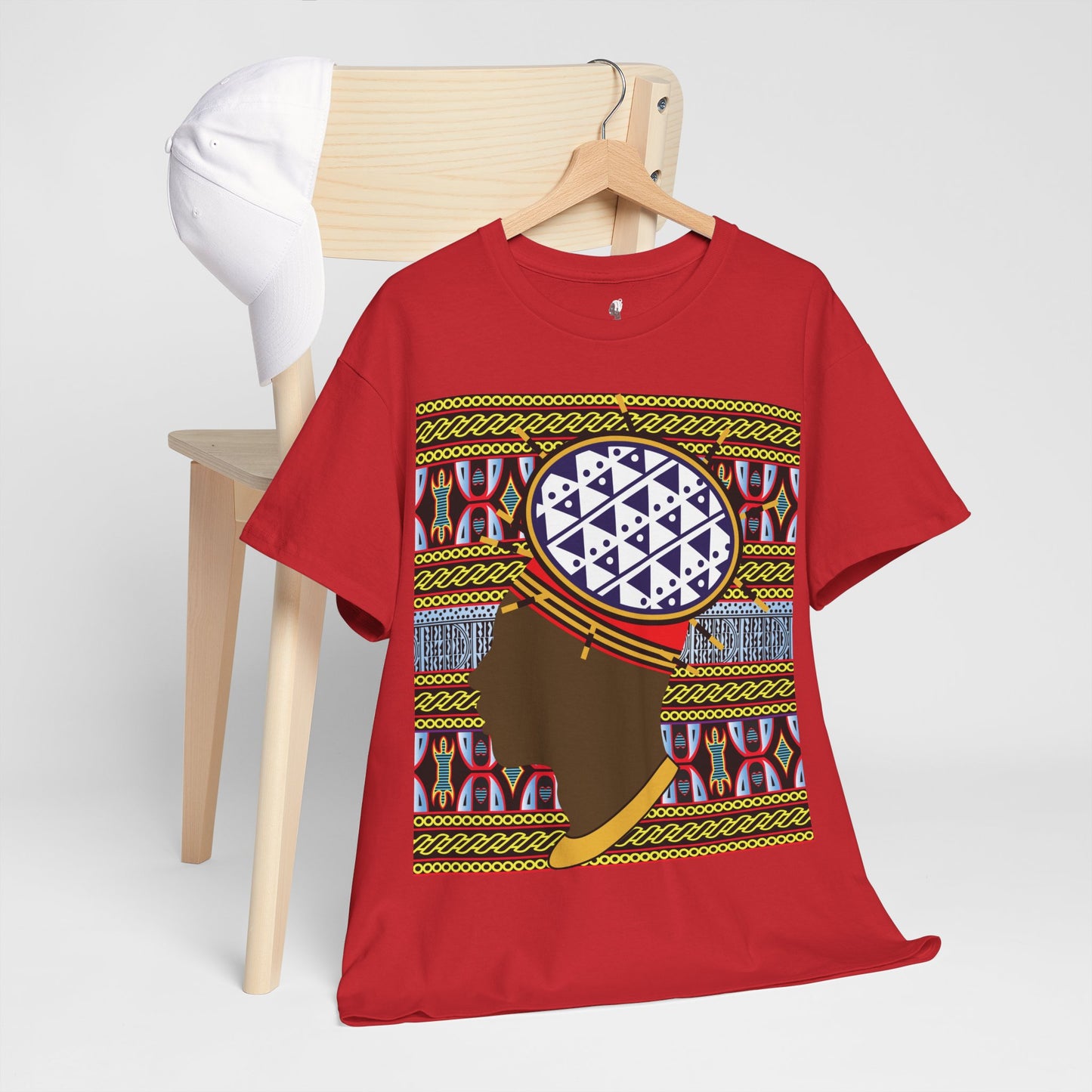 Man in Spiky Bamenda Bamileke Hat Chocolate on Black Mudcloth Unisex Heavy Cotton Tee