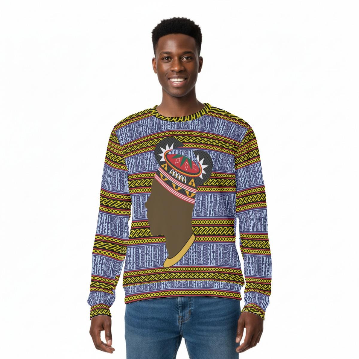 Ndop Print Sweatshirt: Bamileke Man in Horn Hat, Unisex Scuba Fabric
