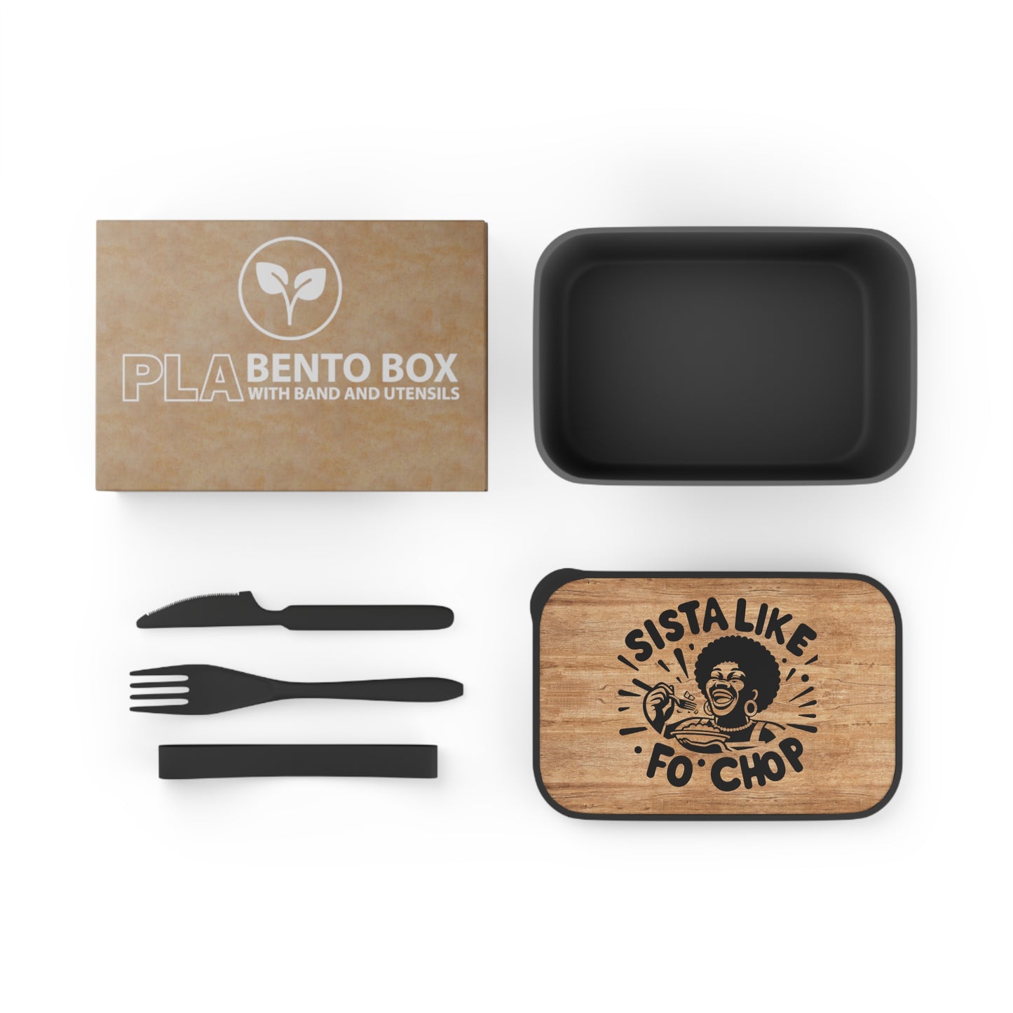 PLA Bento Box — “Sista Like Fo’ Chop” Wooden-Look Eco Lunchbox with Utensils